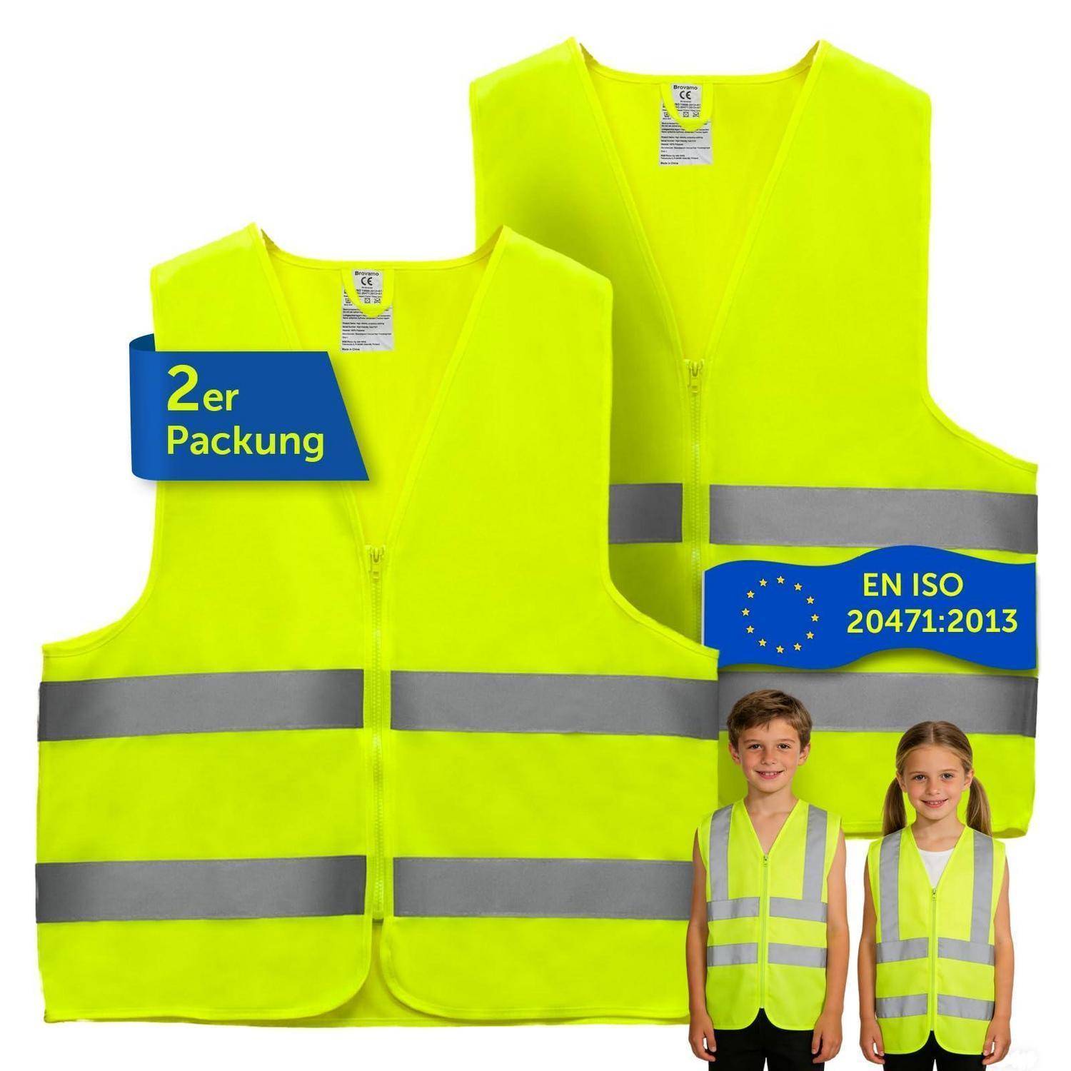 Zwei neon-gelbe reflektierende Sicherheitswesten mit Aufklebern „2er Packung