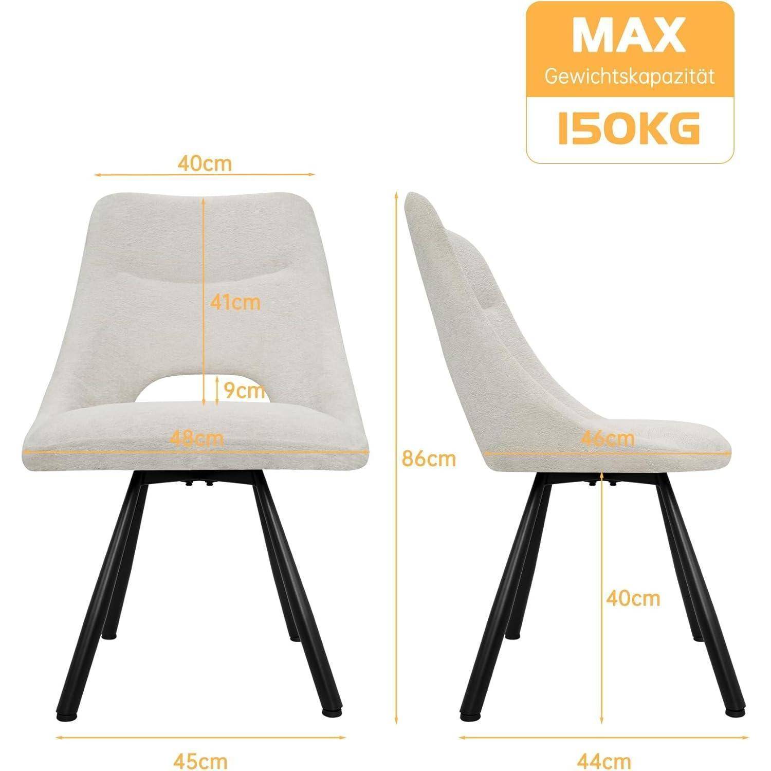 Grauer gepolsterter Stuhl mit schwarzen Beinen, gezeigt in Vorder- und Seitenansicht mit Maßangaben: 40 cm breit, 86 cm hoch, 45 cm tief, maximale Belastung 150 kg.