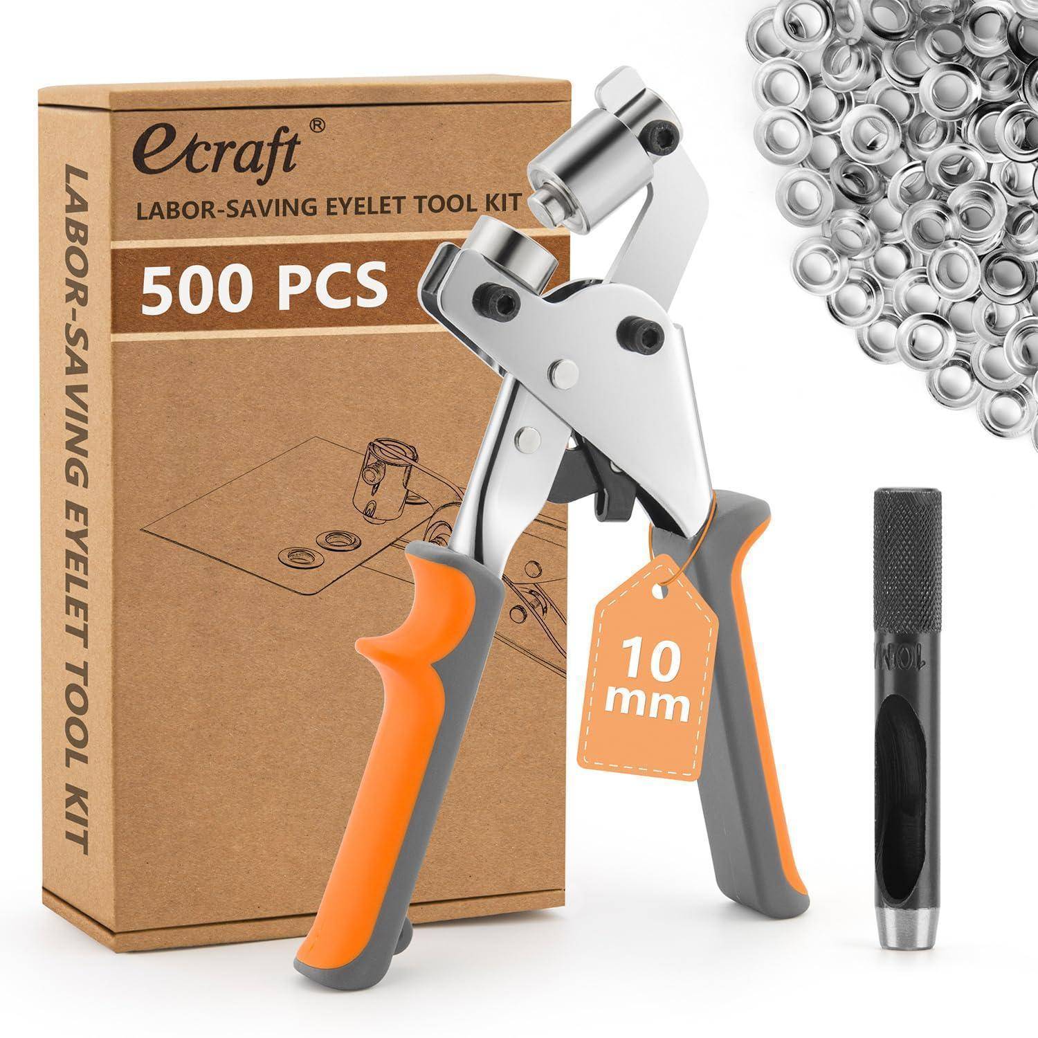 Produktfoto eines Ecraft-Arbeitsersparnis-Ösenwerk zeugs, das ein Handwerkzeug, 500 Metallösen, ein 10-mm-Etikett und eine Box mit der Aufschrift „500 Stück