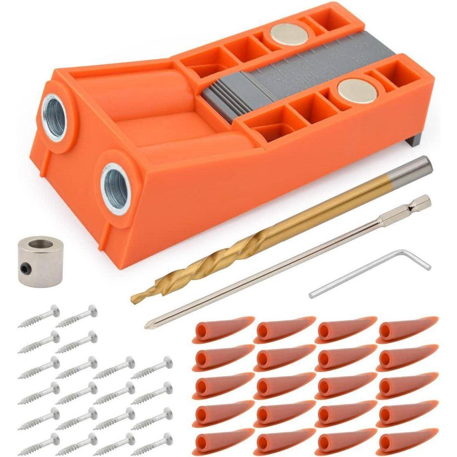 Orange-Bohrerführungs-Set mit Führungsblock, Bohrern, Schraubendreher-Bit, Schrauben, Innensechskantschlüssel und Kunststoffbuchsen für präzises Winkelbohrungen.