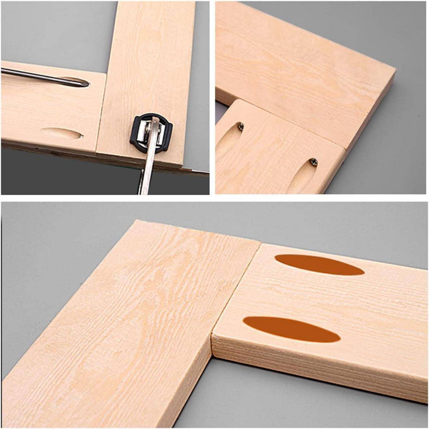 Nahaufnahme von Holzbrettern, die mit versteckten Metalverbindungselementen verbunden sind, in drei Schritten des Einsetzens und Ausrichtens des Verbinders dargestellt.