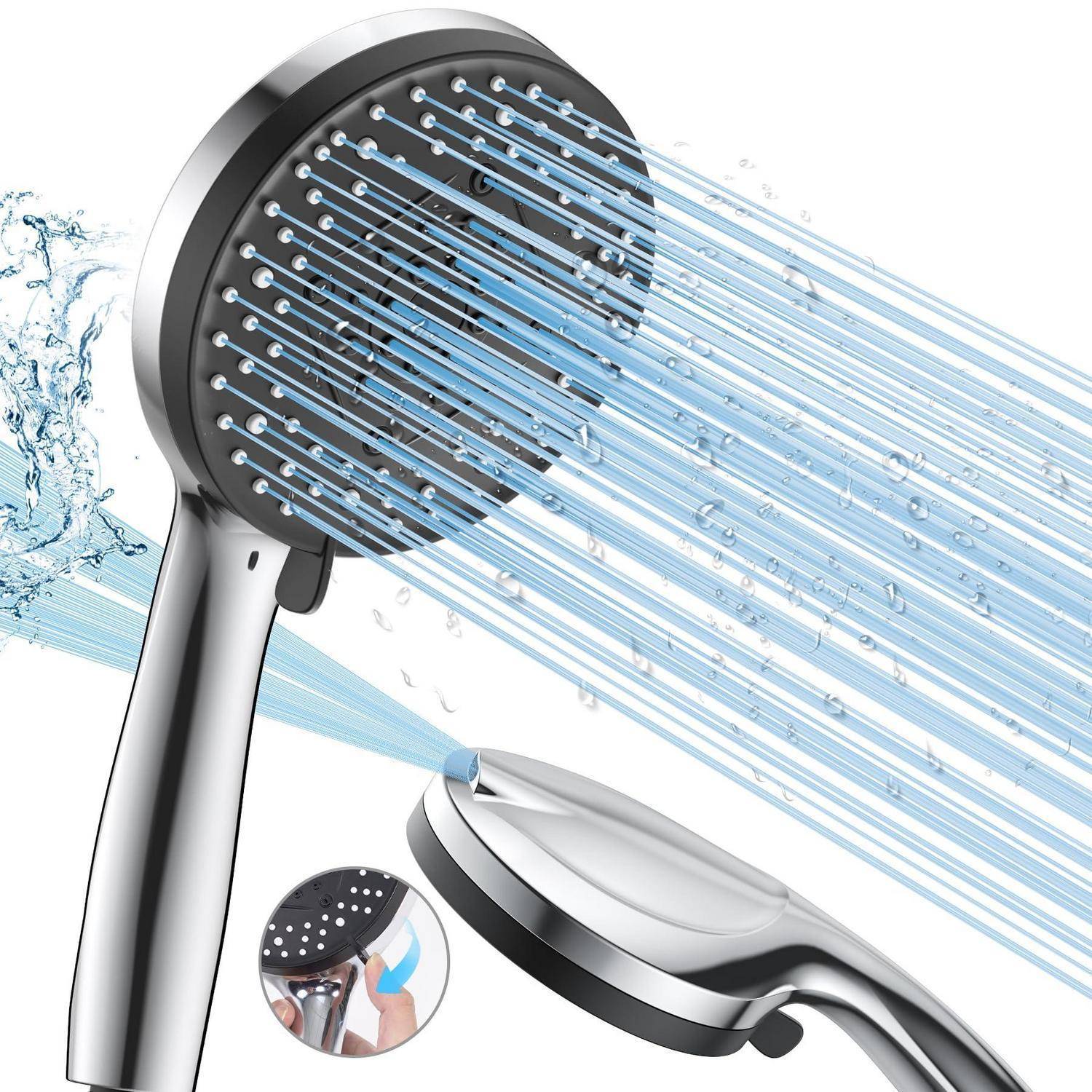 Handgehaltener Duschkopf mit mehreren blauen Wasserstrahlen, mit einem kleinen Einsatz, der einen Finger zeigt, der die Duschkopf-Taste drückt.