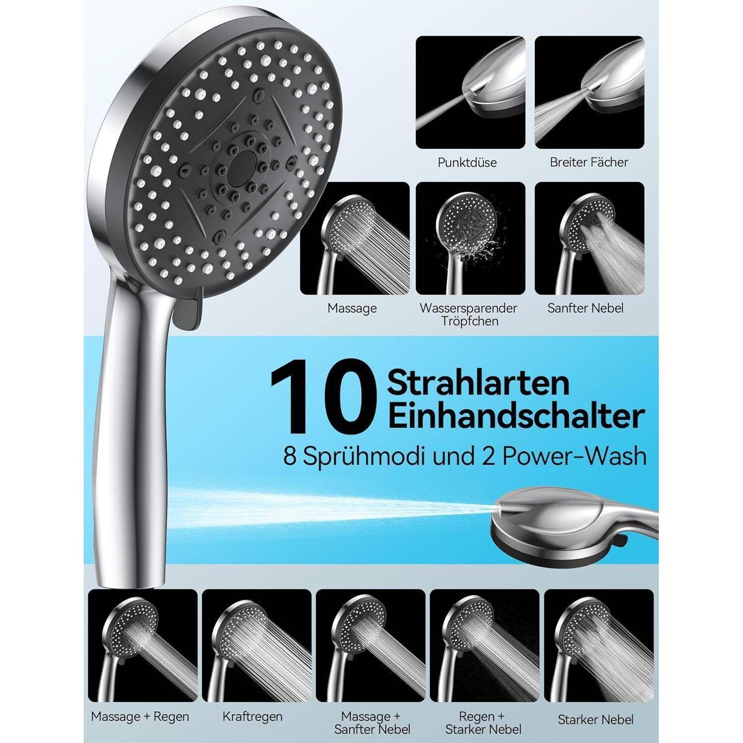 VOXON Duschkopf mit Schlauch 1,5M, Shower Head mit 10 Strahlarten, Handbrause Duschbrause Hoher Wasserdruck Starker Strahl für Reinigung von