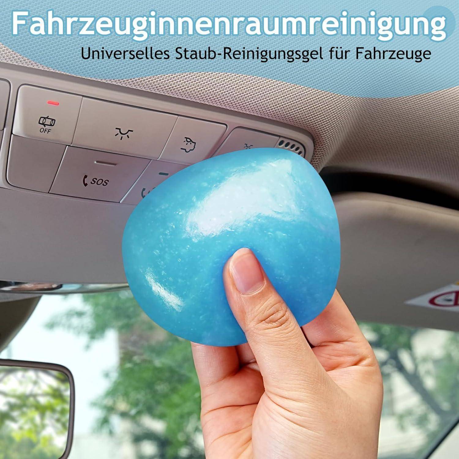 Handwäsche des Fahrzeuginnenraums mit blauem Staub-Reinigungsgel; Deutscher Text sagt „Fahrzeuginnenraumreinigung" und „Universelles Staub-Reinigungsgel für Fahrzeuge"".