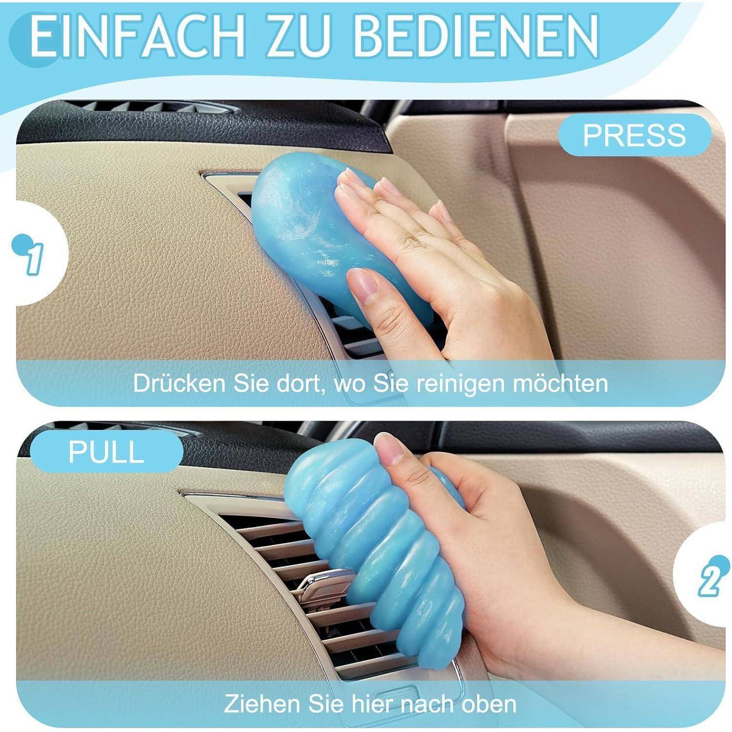 Anleitungsgrafik zur Verwendung eines Reinigungsgels auf Autolüftungsschlitzen: 'DRÜCKEN' zum Reinigen, dann 'NACH OBEN ZIEHEN', um Verschmutzungen zu entfernen.