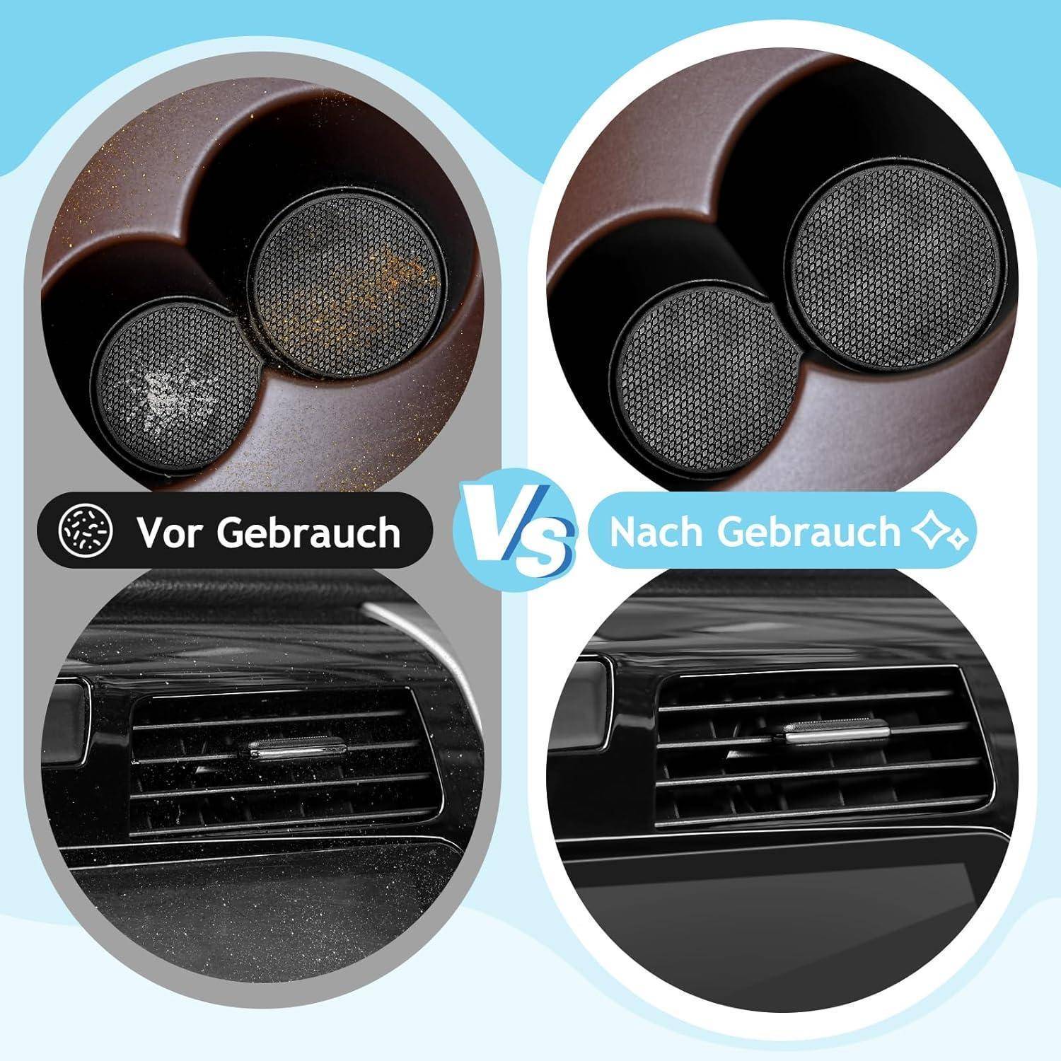 Vorher-Nachher-Vergleich mit einem Reinigungswerkzeug und einer Autolüftung: links ist es schmutzig "Vor Gebrauch"" und rechts ist es sauber ""Nach Gebrauch"".