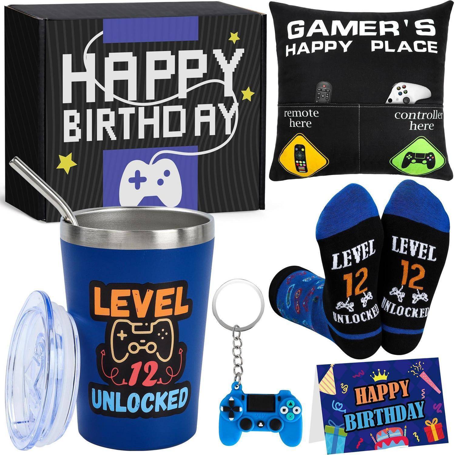 Collage von Gaming-Geschenken zum Geburtstag: „Happy Birthday
