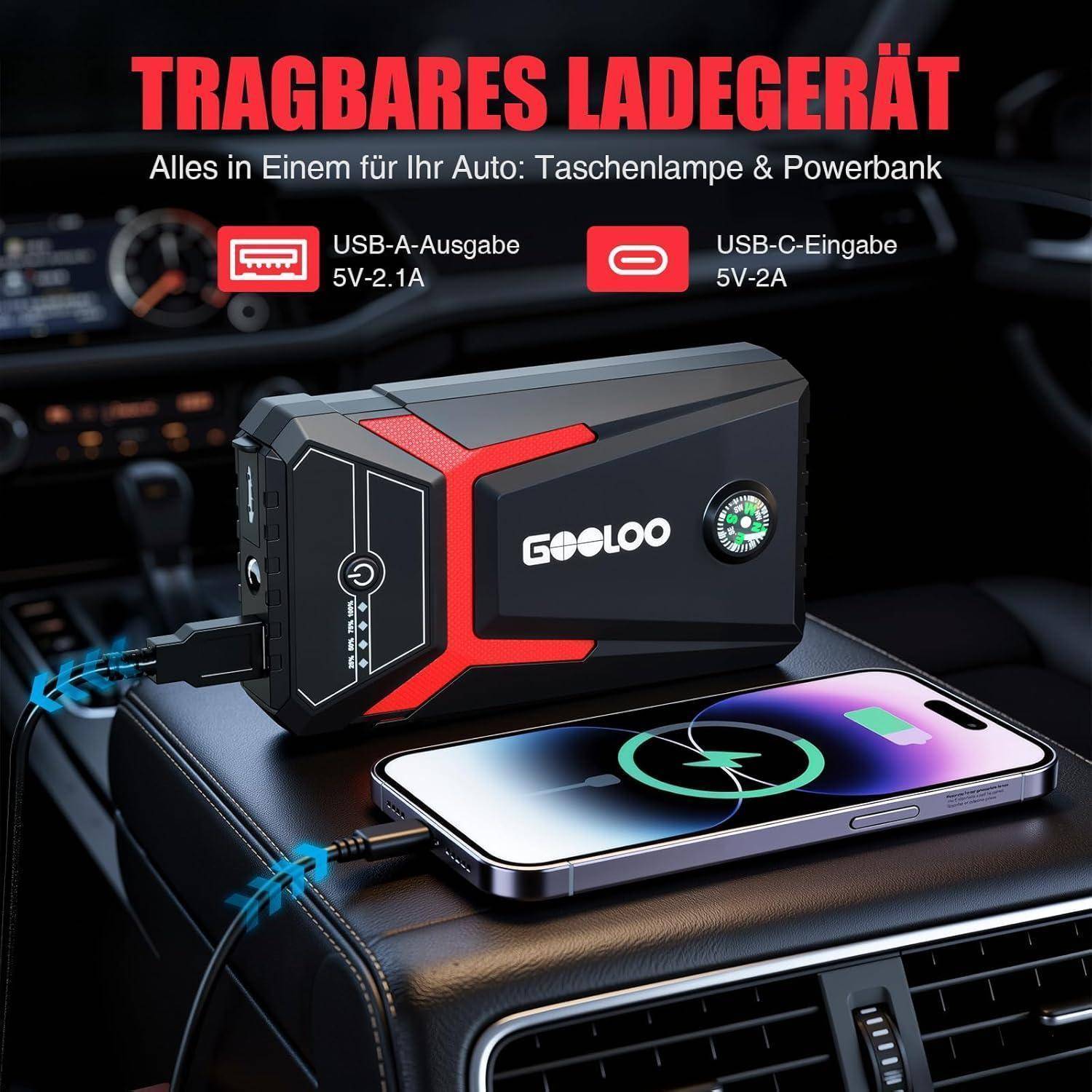 GOOLOO GE1500 Starthilfe Powerbank, 1500A Spitze Starthilfe,Supersafe 12V Auto Batterie Booster,Tragbare Auto Starthilfe mid Intelligentes
