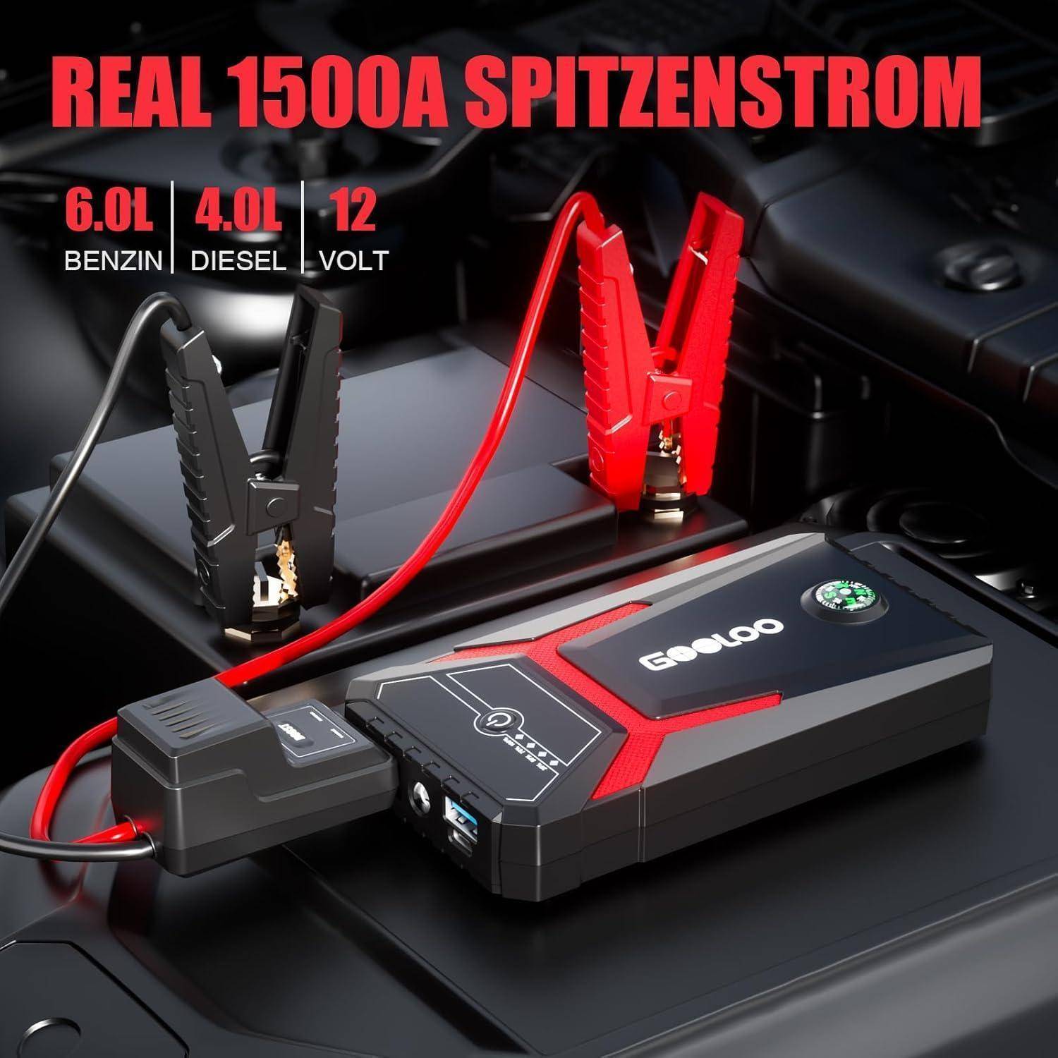 Werbebild eines GOOLOO-Starthilfegeräts mit Klemmen und Kabeln in einem Automotorraum, beschriftet mit 