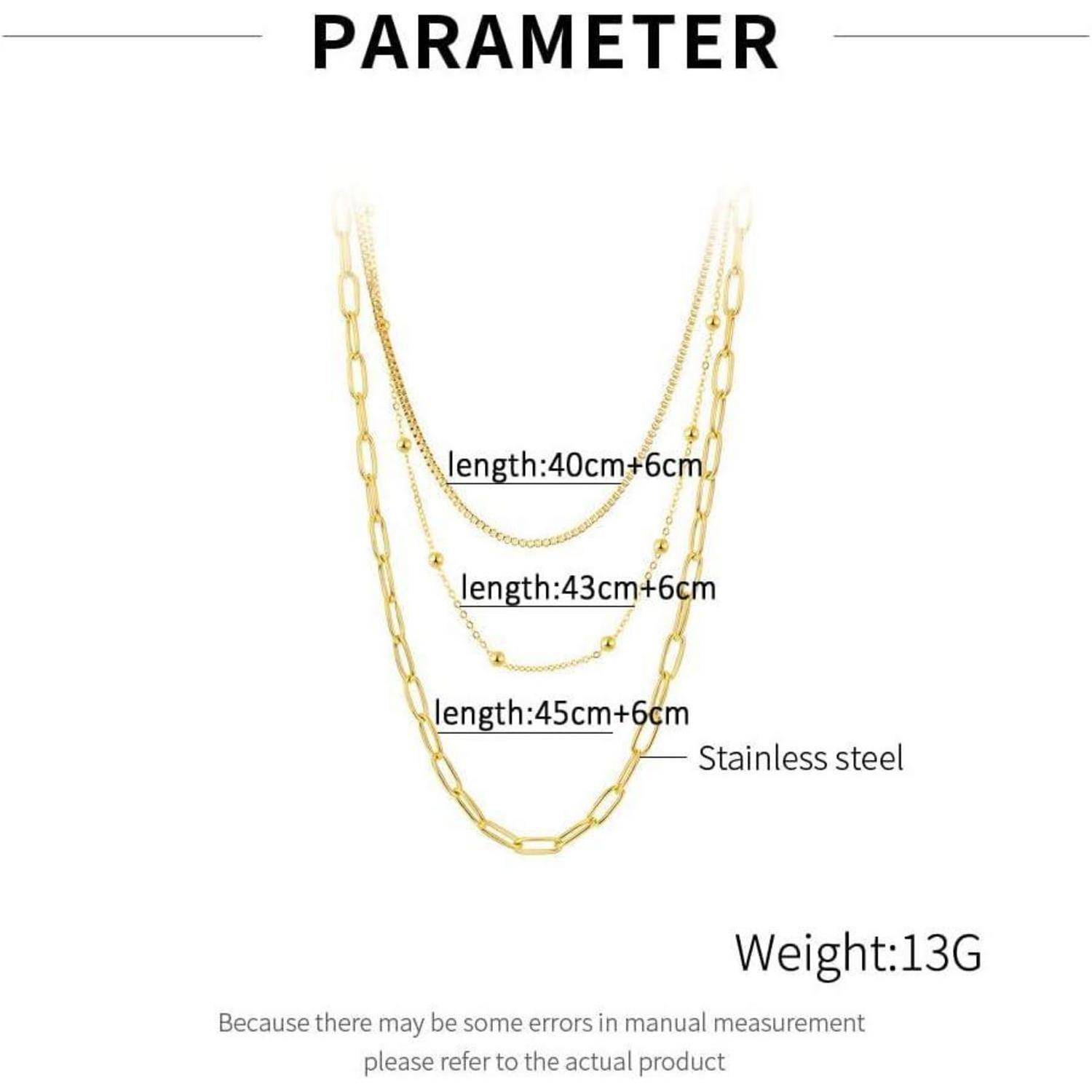 Produktparamterbild mit drei überlagerten Goldkettchen in den Längen 40+6 cm, 43+6 cm und 45+6 cm; Edelstahl, Gewicht 13 g.