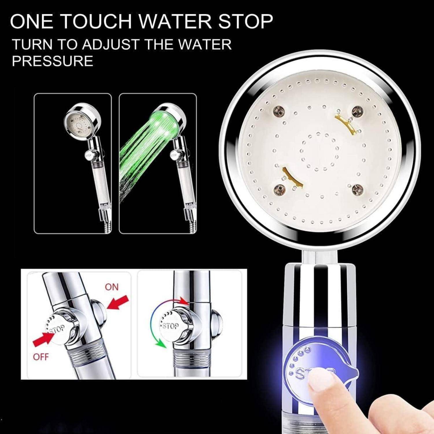 Abbildung eines tragbaren Duschkopfes mit eintouchiger Wasserstoppfunktion und einstellbarem Druck, mit Ein-/Ausschalter und Druckregelung.