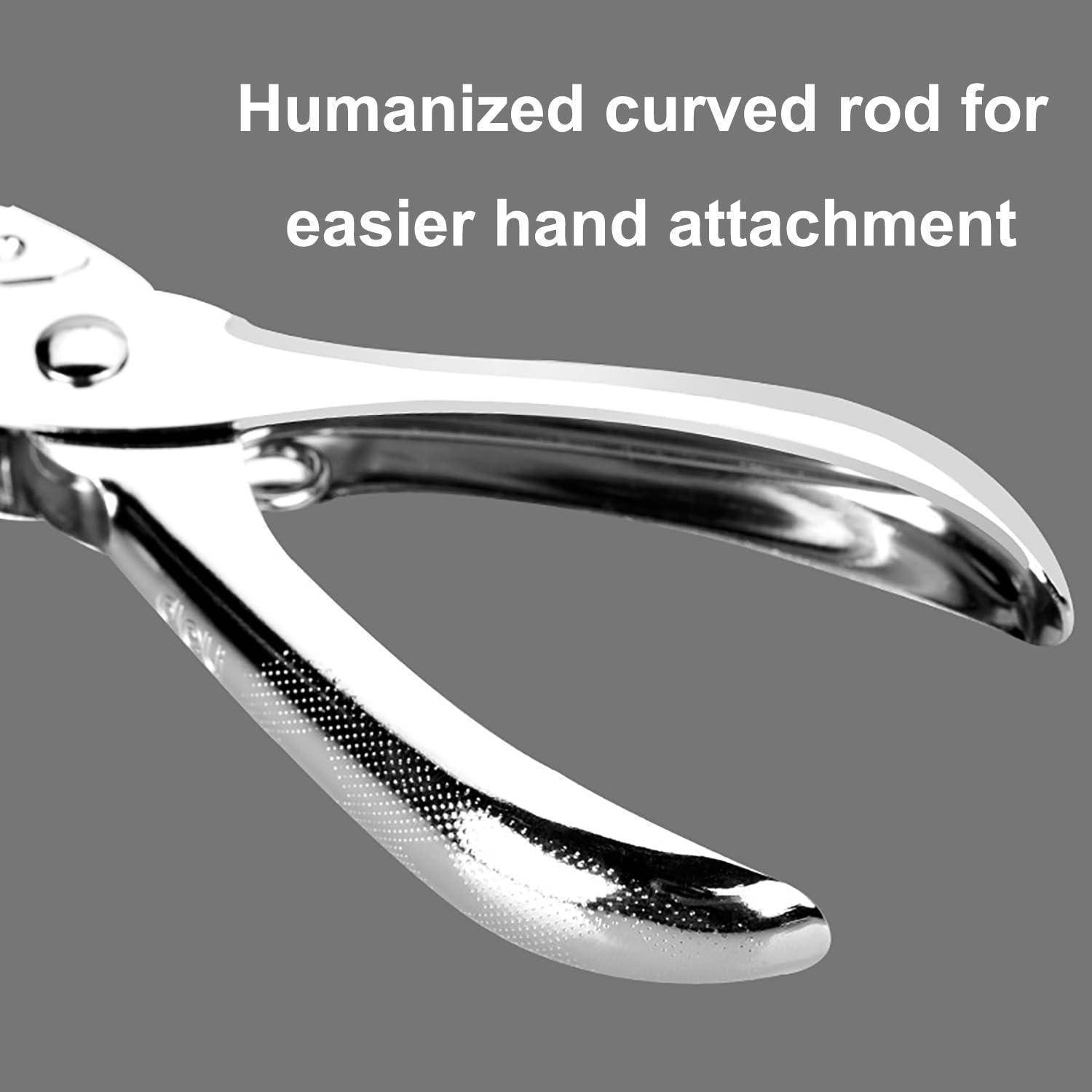 Nahaufnahme eines silbernen, gebogenen Handwerkzeuggriffs auf grauem Hintergrund, beschriftet mit „Humanisierter gebogener Stab für einfachere Handverbindung".