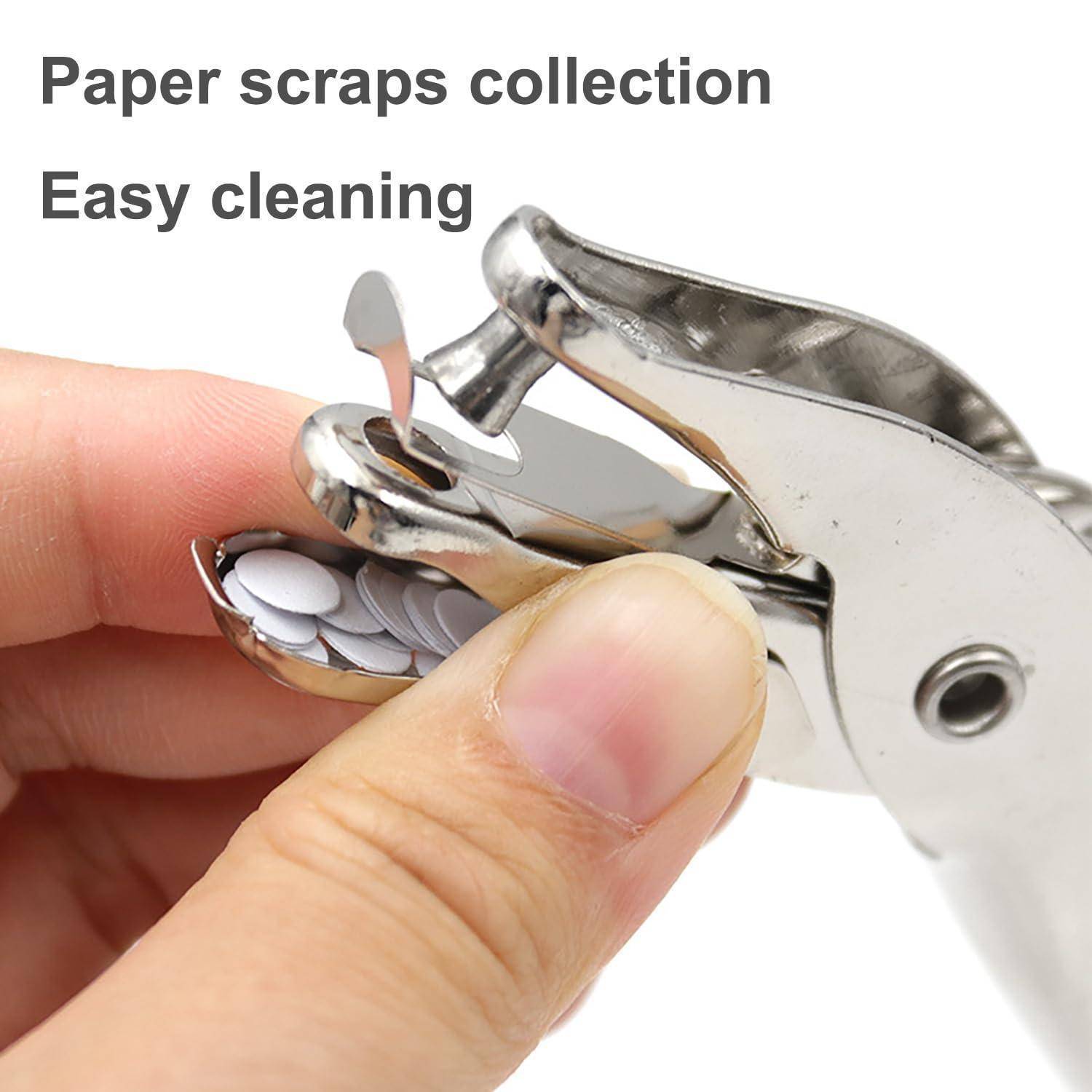 Hand, die eine Chrom-Lochstanze verwendet, um Papierschnipsel zu sammeln; Text lautet "Papierschnipsel-Sammlung"" und ""Leichte Reinigung"".