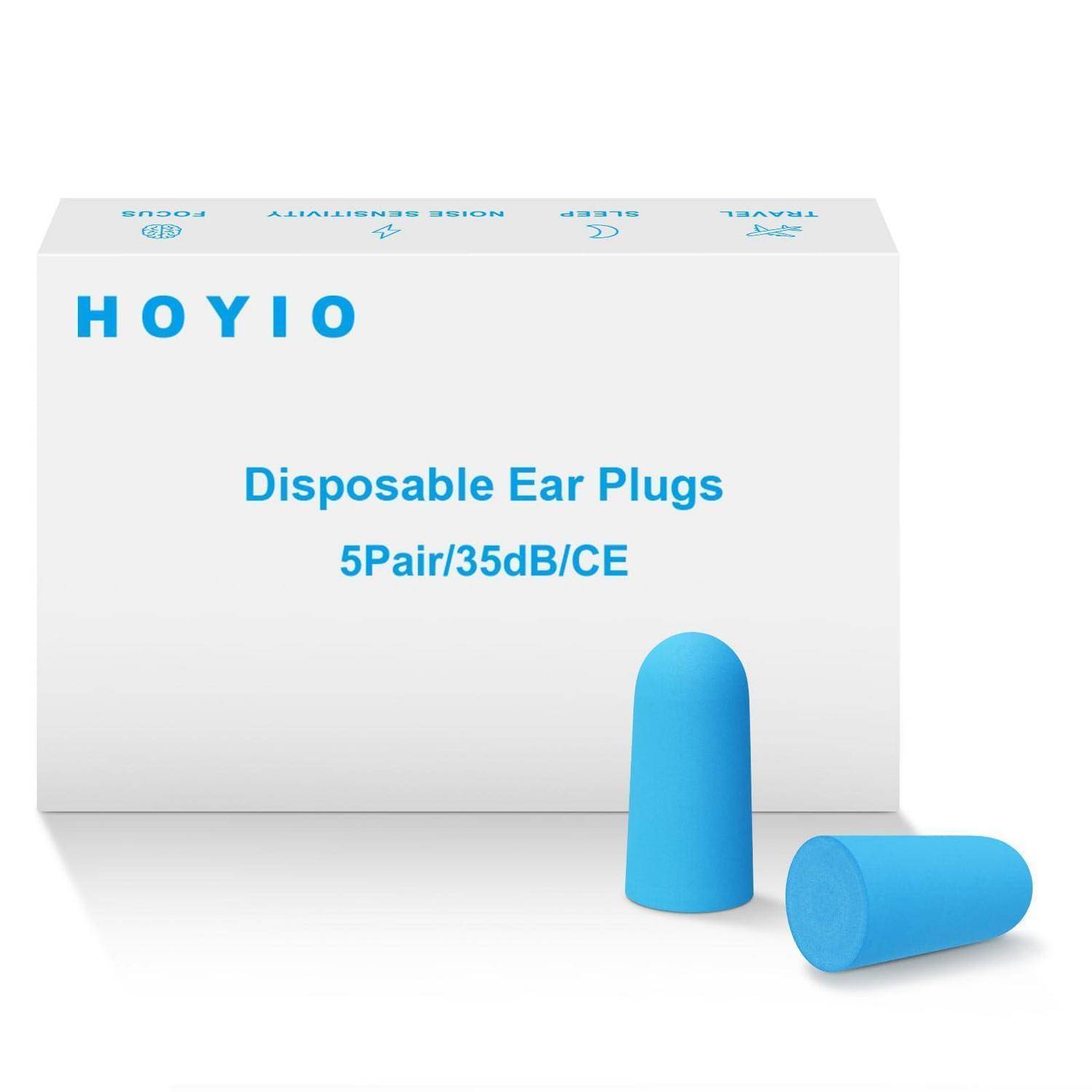 HOYIO Einweg-Ohrstöpsel Packung, beschriftet mit „5Paar/35dB/CE