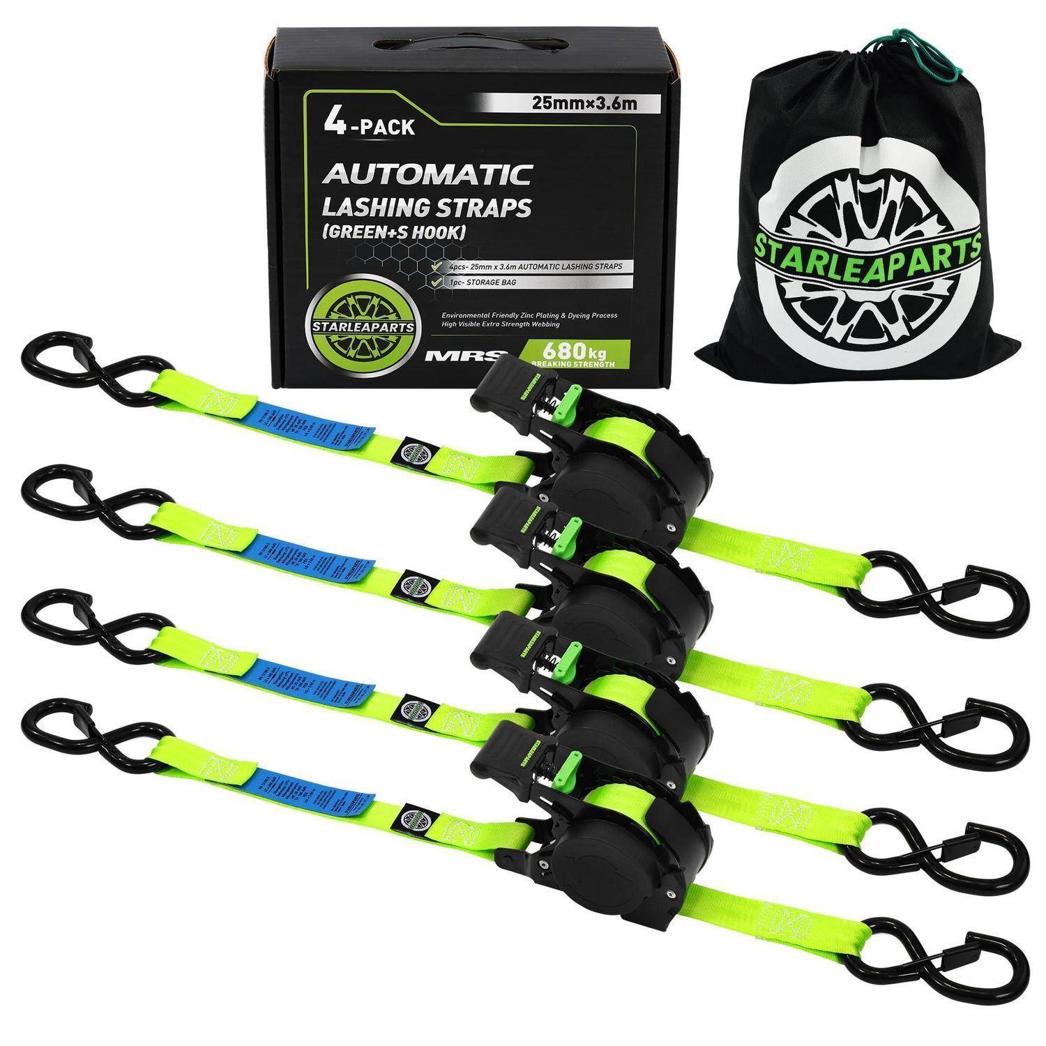 Vier grüne automatische Zurrgurte mit schwarzen Ratschenmechanismen, abgebildet mit Produktverpackung und Starleaparts Aufbewahrungstasche.