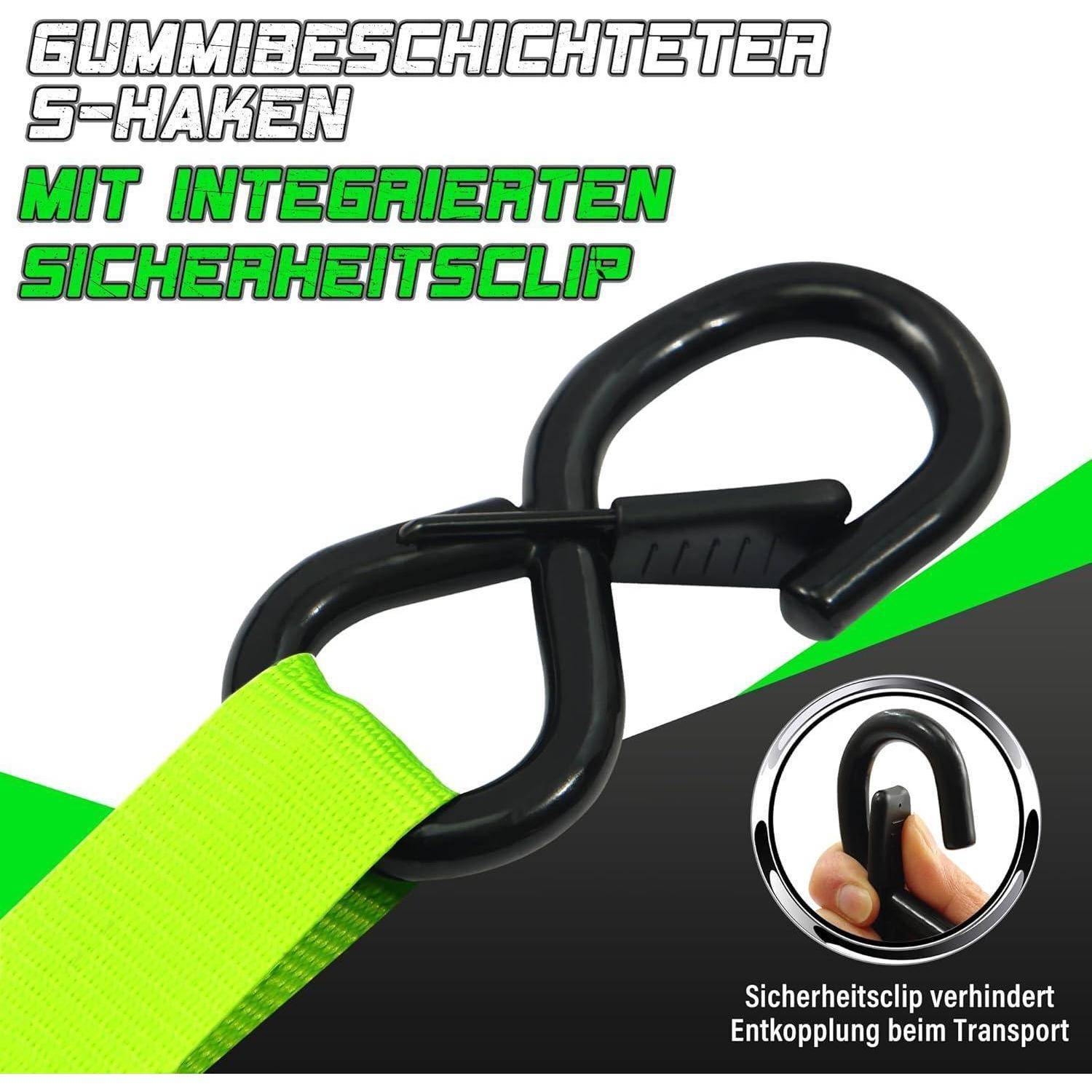Werbeabbildung eines schwarzen doppelten S-Hakens mit integriertem Sicherheitsclip, der an einem leuchtend grünen Riemen befestigt ist; deutscher Text besagt „Gummibeschichteter S-Haken mit integrierten Sicherheitsclip
