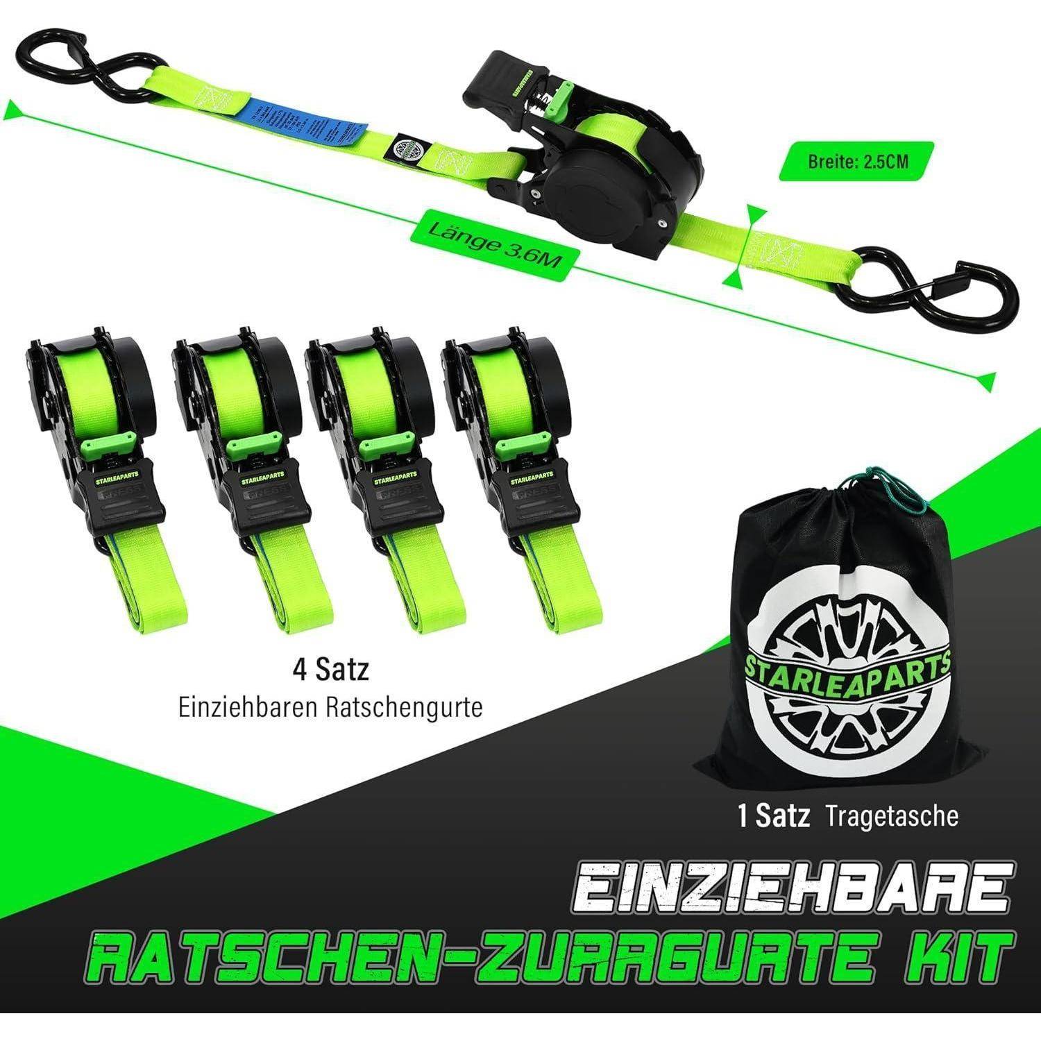 Werbebild eines 4-teiligen ausziehbaren Ratschengurt-Sets, das einen Gurt mit Haken, 2,5 cm breit und 3,6 m lang, plus eine Tragetasche zeigt.