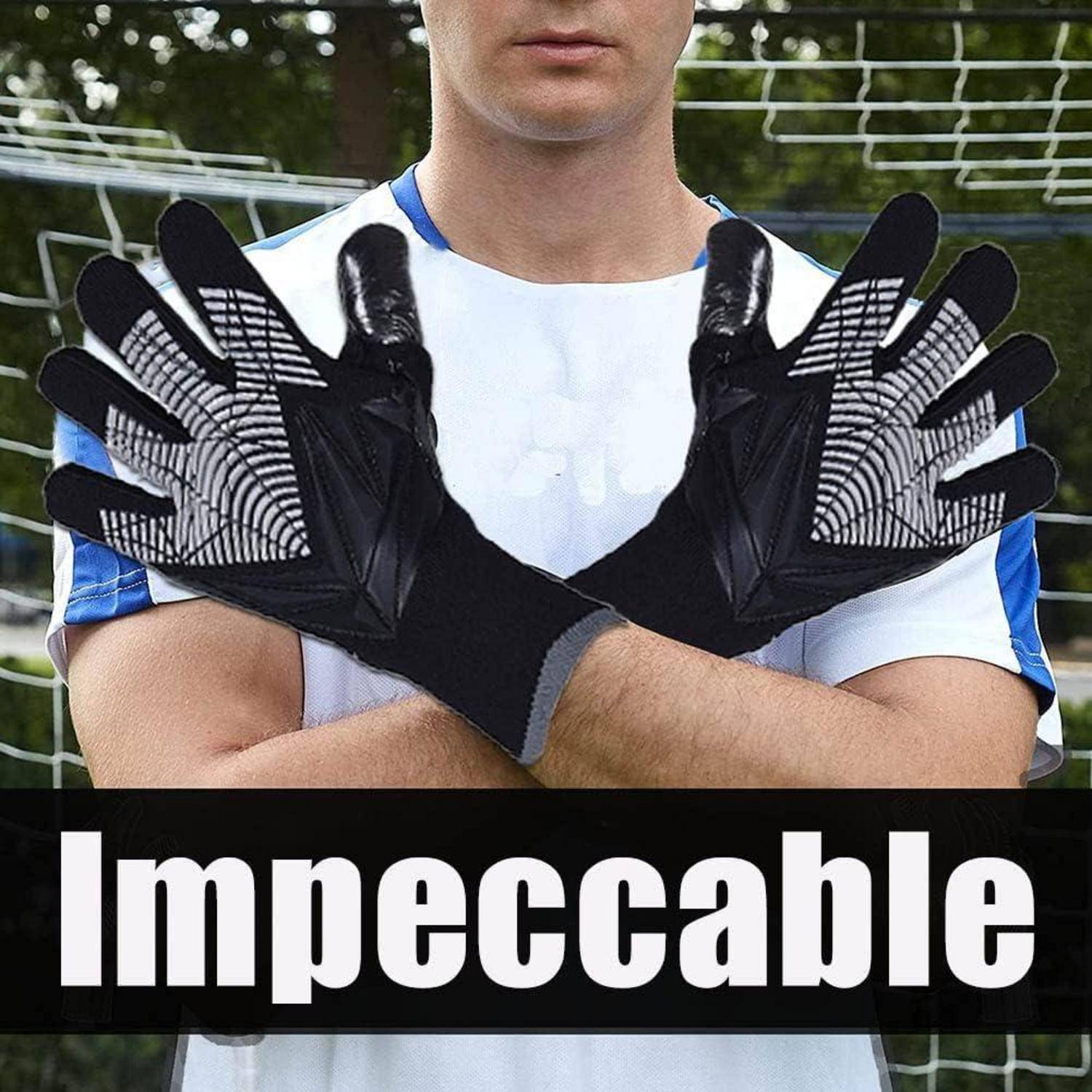 Fußballtorwart mit schwarzen Handschuhen, die sich vor der Brust kreuzen, mit dem Wort „Makellos