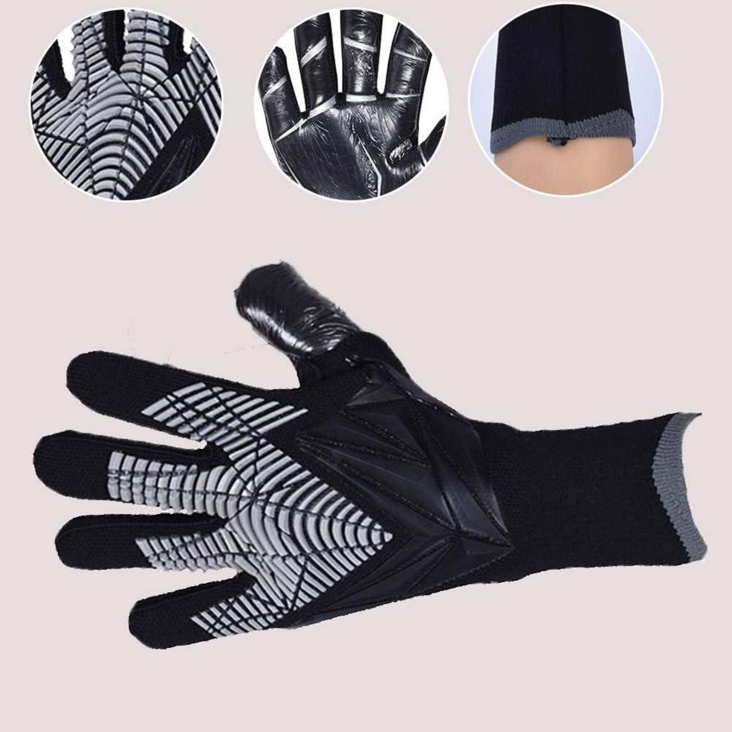 Schwarzer Handschuh mit weißem Griffmuster in einem großen Produktfoto dargestellt, mit drei Nahaufnahmen der Handfläche, der Finger und der Manschette.