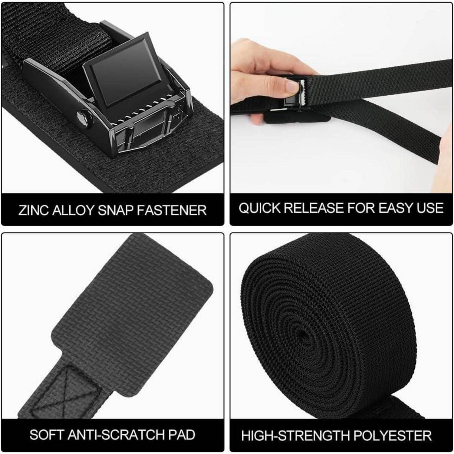 Vierpanel-Produktbild eines schwarzen Riemens mit Zinklegierungs-Druckknopf, Schnellverschluss-Schnalle, weichem rutschfestem Pad und gerolltem hochfestem Polyesterwebbing.