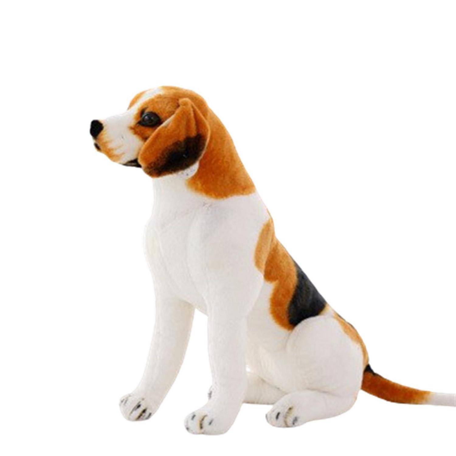 Ein sitzender Beagle-Hundefigur mit weißem, braunem und schwarzem Fell auf einem einfachen weißen Hintergrund.