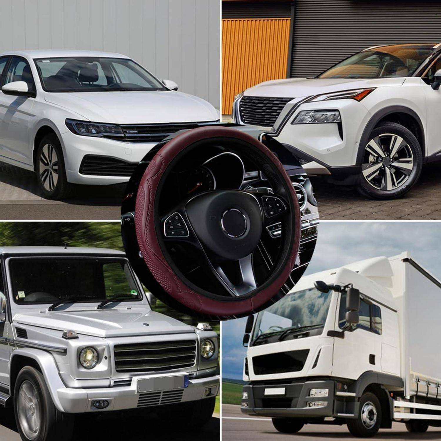 Collage weißer Fahrzeuge: zwei SUVs, ein silberner G-Wagen, ein weißer Kastenwagen und eine Lenkradbezug für ein Auto in der Mitte.