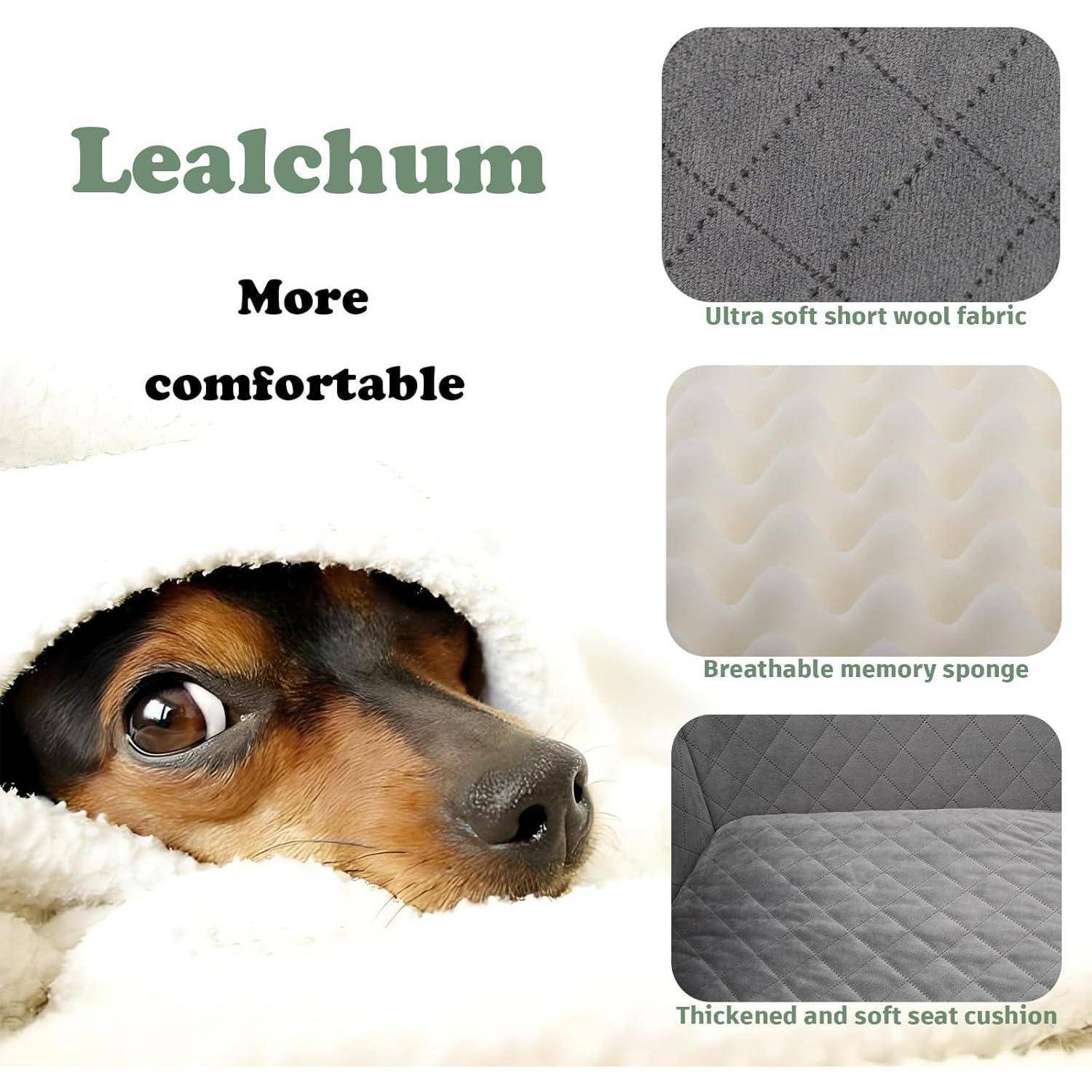 Werbegrafik für Lealchum mit einem Hund, der sich komfortabel in einem weichen Bett ausruht, mit Materialangaben: „Ultraweicher Kurzwollstoff