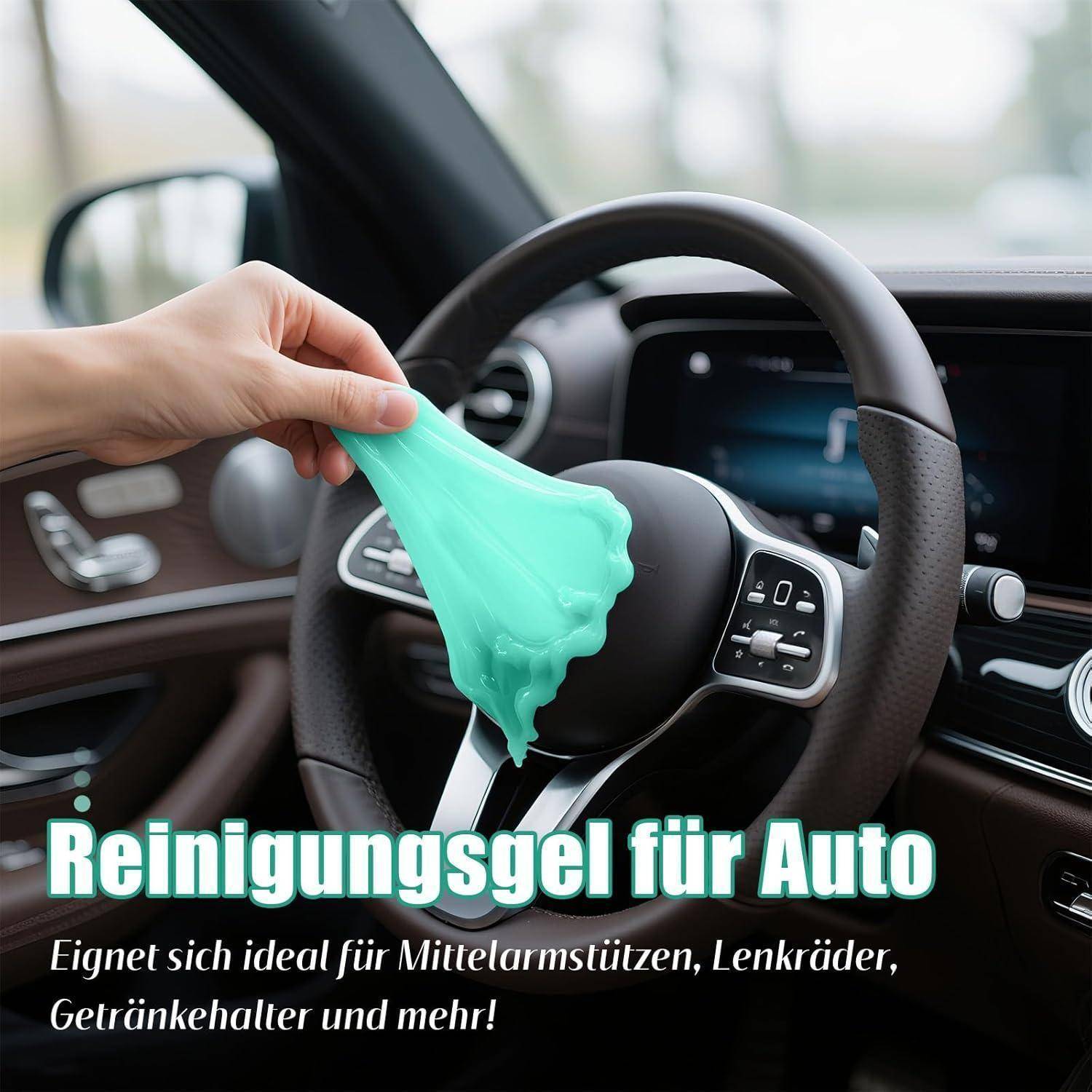 Hand hält mintgrünes Reinigungsgel im Auto, um das Lenkrad zu reinigen; Der Text sagt „Reinigungsgel für Auto