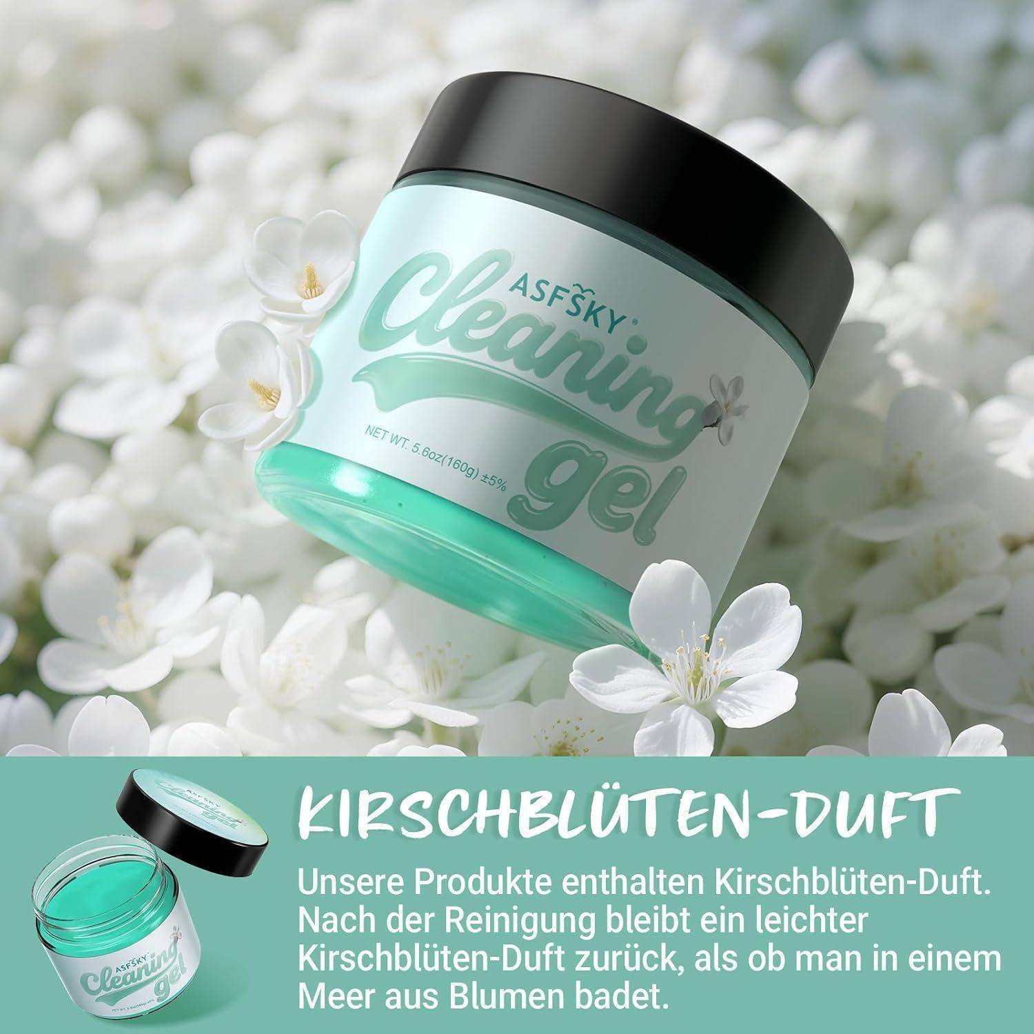 ASFSKY Reinigungsgel-Dose mit Kirschblütenduft, dargestellt zwischen weißen Blüten; Text liest sich als „KIRSCHBLÜTEN-DUFT