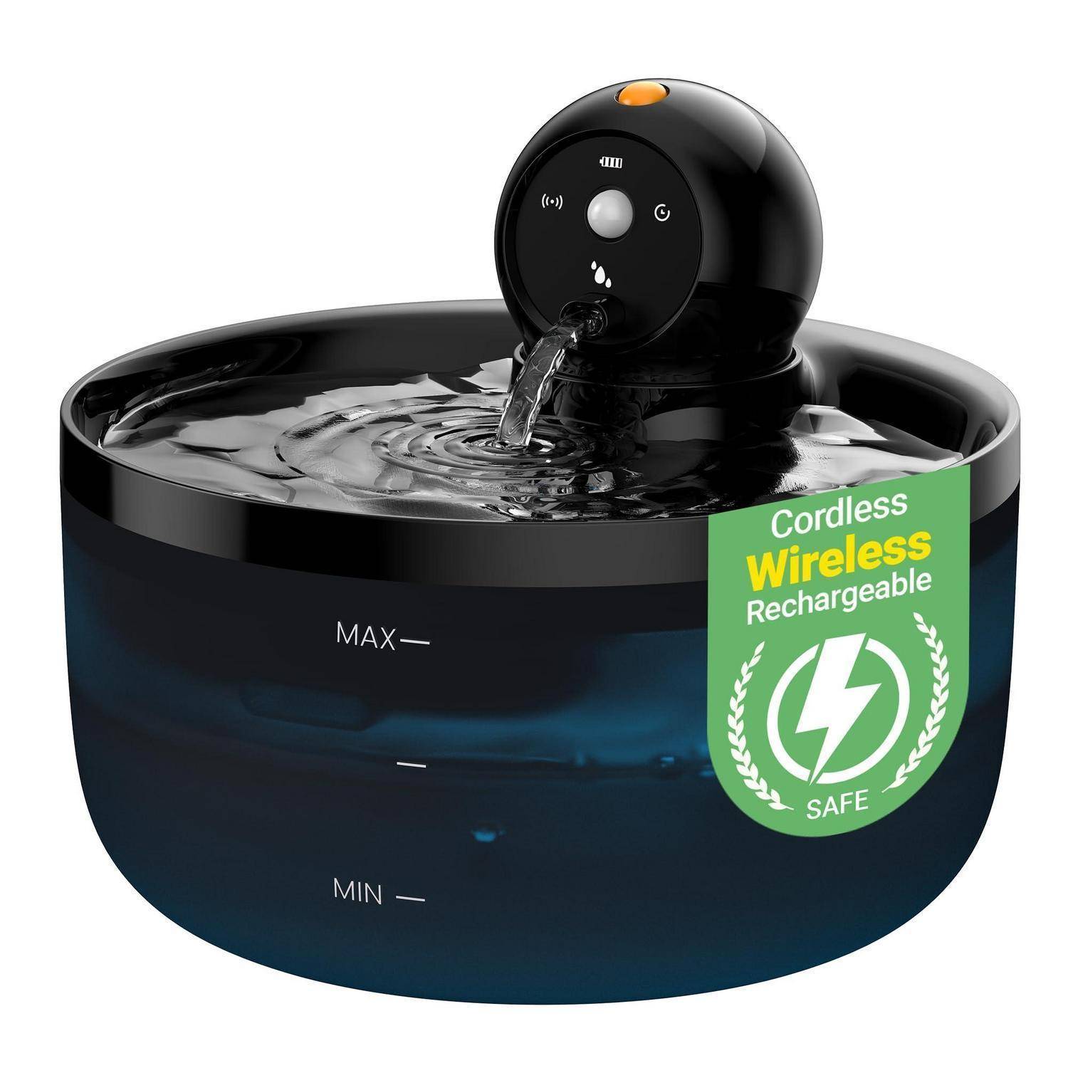 Kabellose wiederaufladbare Haustierwasserfontäne mit Wasser, das aus einer schwarzen Pumpe in eine Schüssel fließt und MAX- und MIN-Füllzeichen anzeigt.