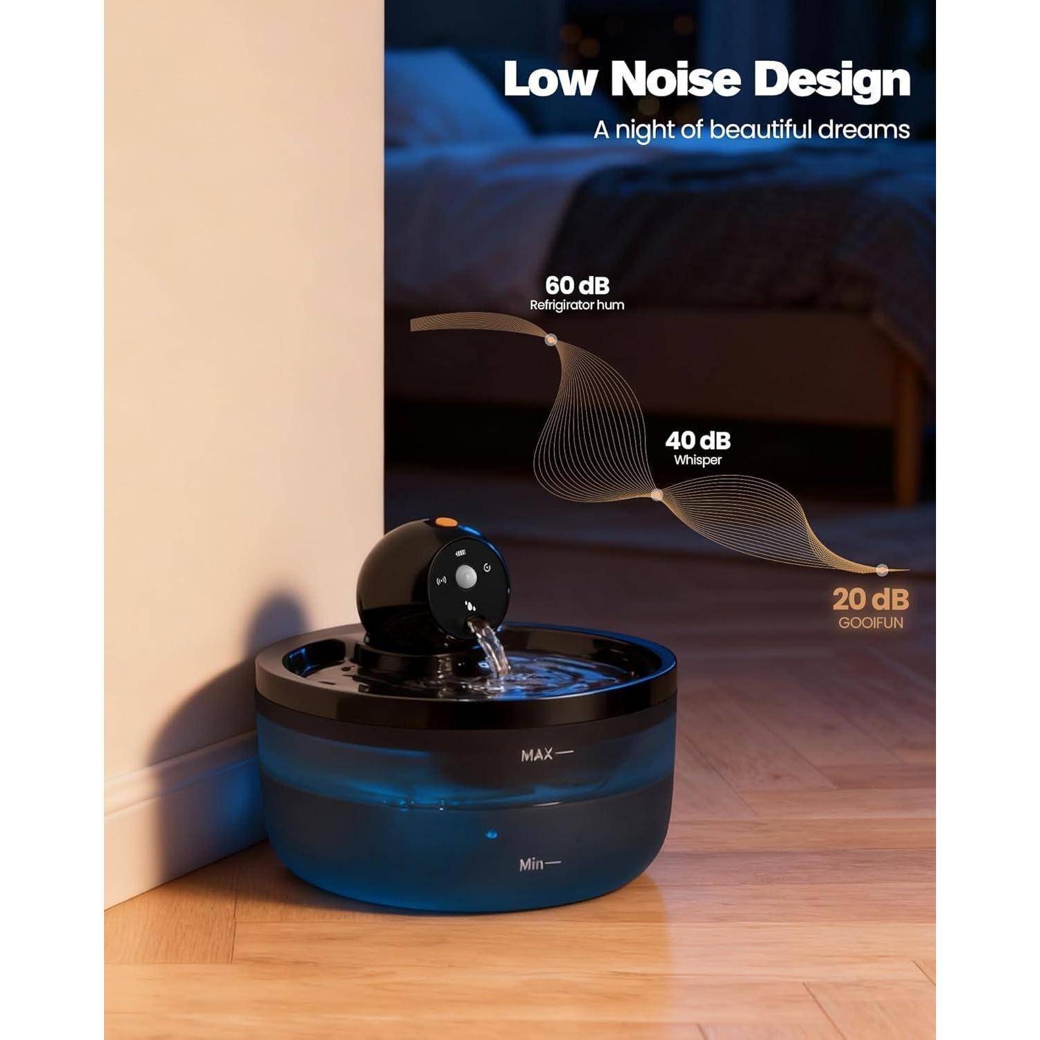 Ein Haustierwasserbrunnen auf dem Boden wird mit dem Text „Leises Design" angezeigt und eine Schallskala, die 60 dB, 40 dB und 20 dB vergleicht.