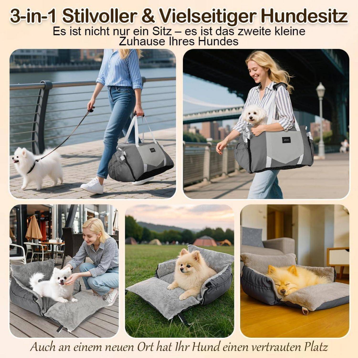 3-in-1 Hundesitz fürs Auto & Reisebett für kleine Hunde – Tragbarer Autositz mit erweiterbarer Liegefläche, gepolstertem Kissen, für Vorder- ode