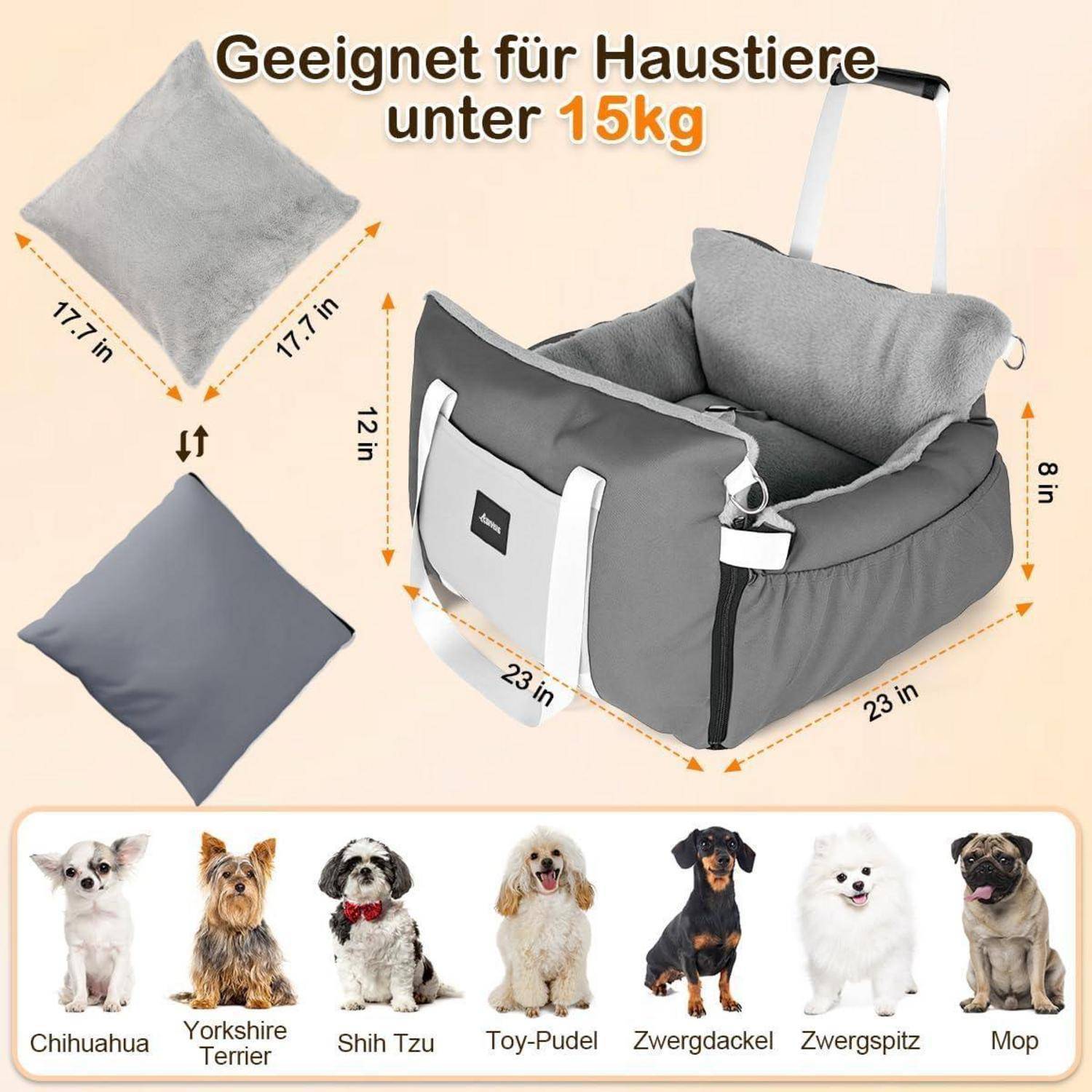 Werbebild eines grauen Haustiertragenbetts mit der Bezeichnung 