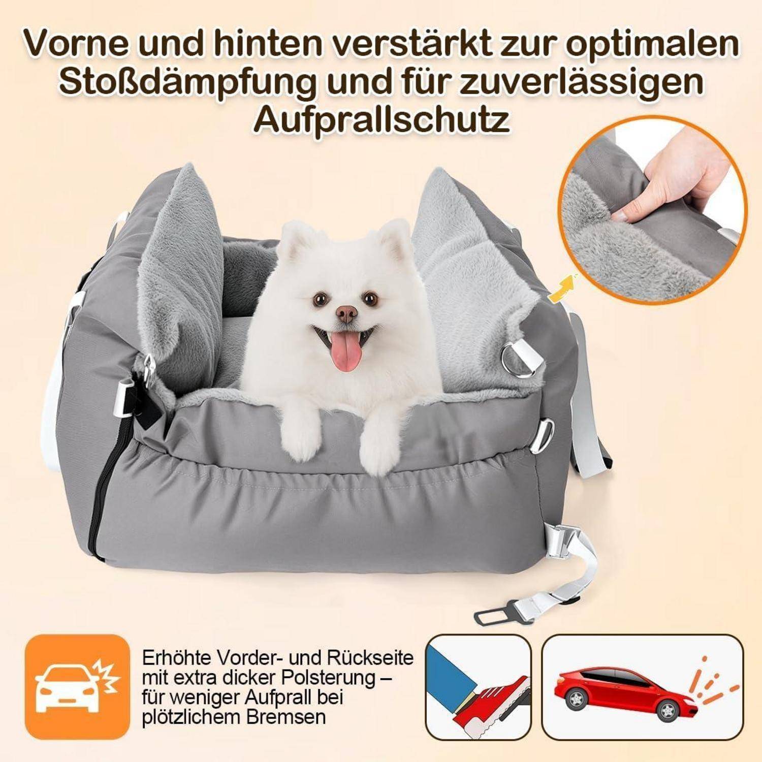 Grauer gepolsterter Autositz für Haustiere mit einem kleinen weißen Hund darin, zeigt zusätzliche vordere und hintere Polsterung für Crashschutz und sichereres Bremsen.