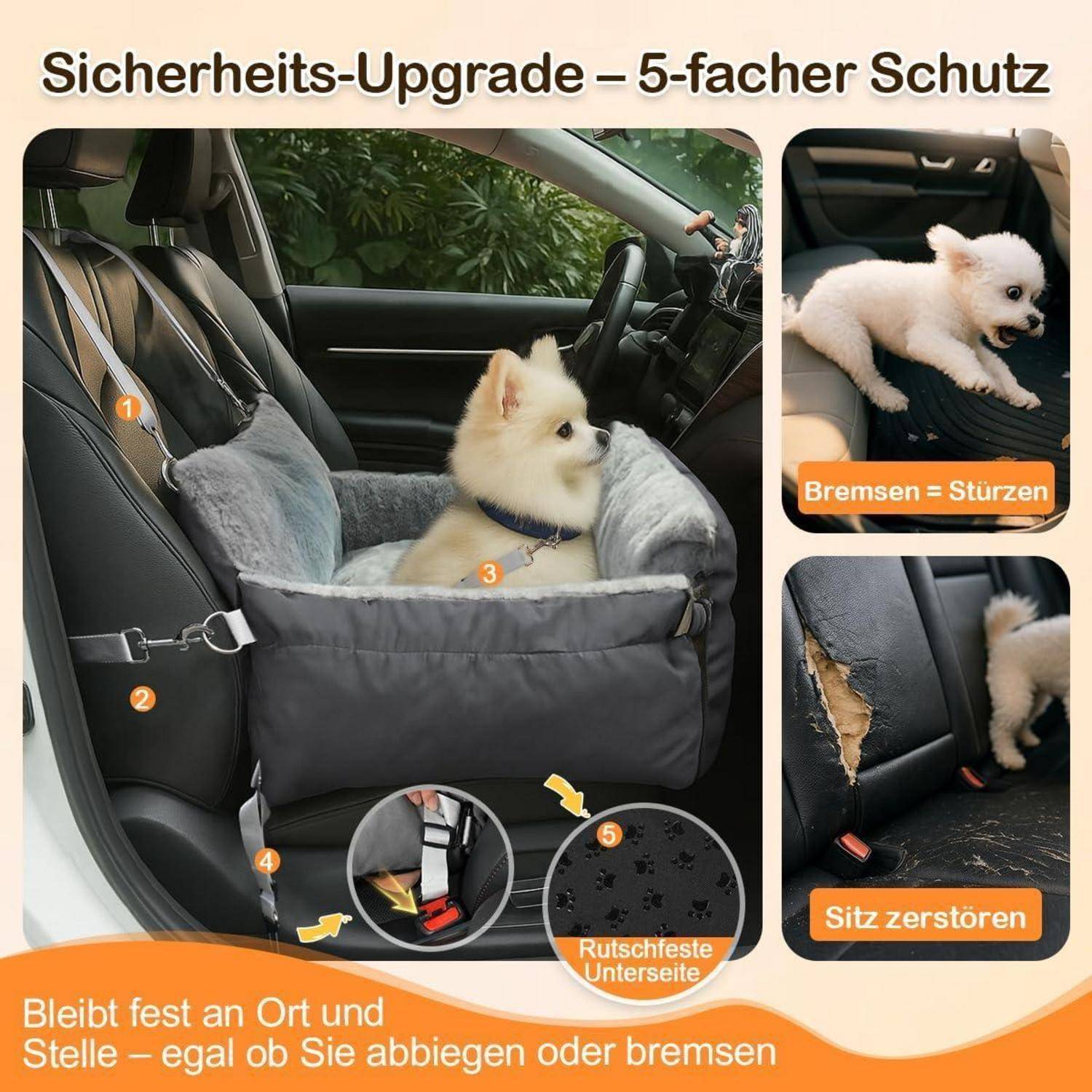 3-in-1 Hundesitz fürs Auto & Reisebett für kleine Hunde – Tragbarer Autositz mit erweiterbarer Liegefläche, gepolstertem Kissen, für Vorder- ode