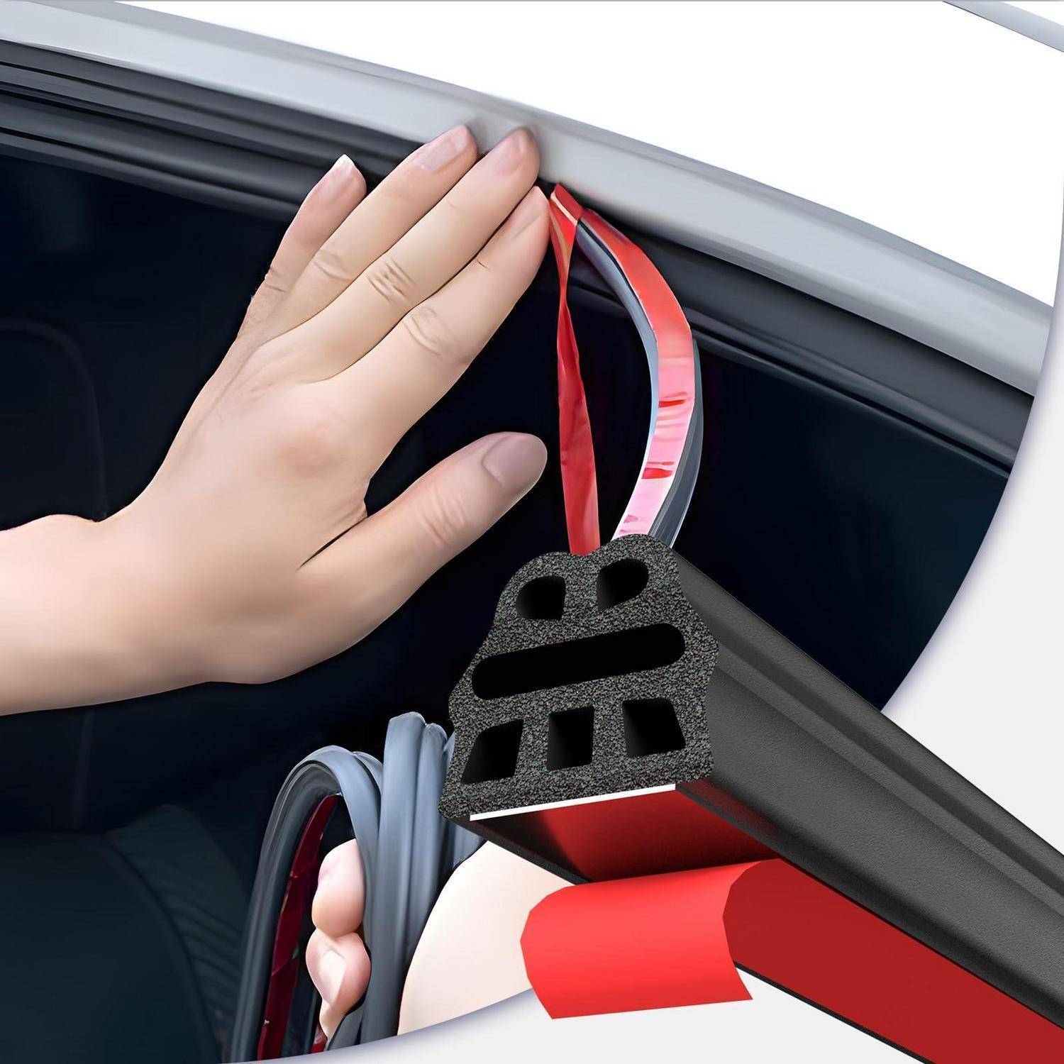 Eine Hand, die ein rotes Siegelband auf der Oberseite einer schwarz-roten Autobatterie oder eines Pakets im Kofferraum eines Fahrzeugs anbringt.