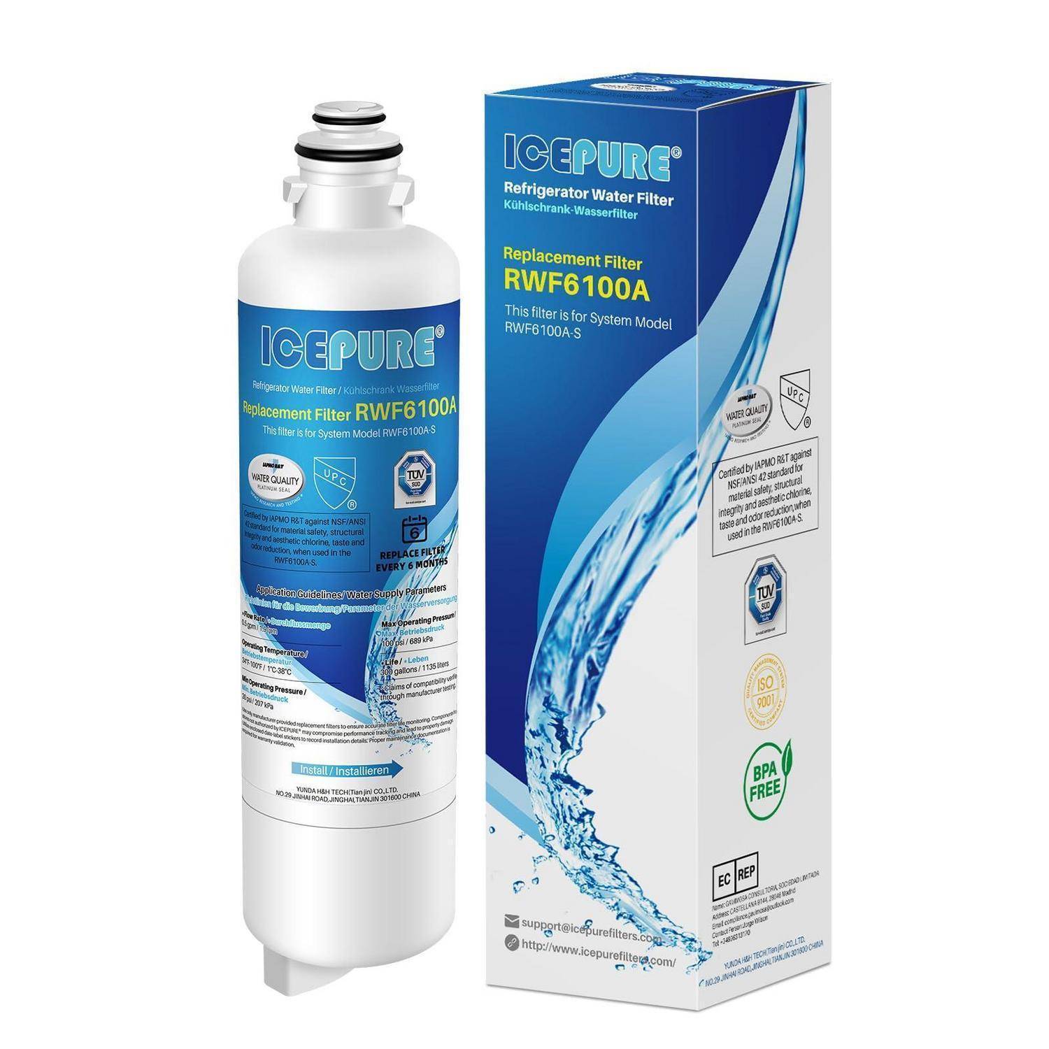 IcePure Ersatz-Kühlschrank-Wasserfilter RWF6100A gezeigt mit seiner blau-weißen Produktverpackung.