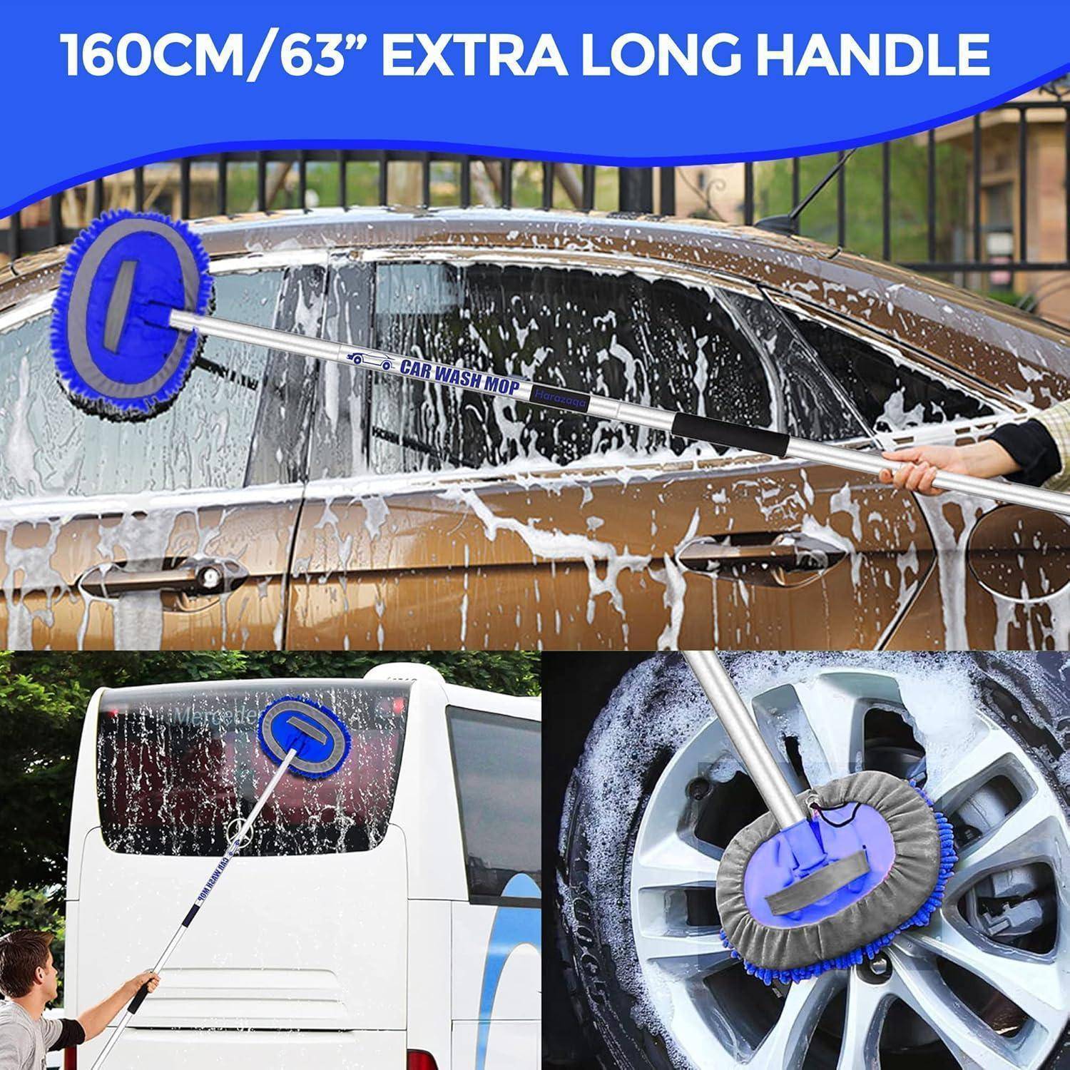 160cm 63” Autowaschbürste Mit Teleskopstiel Wohnmobil Auto Waschbürste Reinigungsset Mikrofasertücher Autoreinigung Bürste Set für LKW Wohnwage
