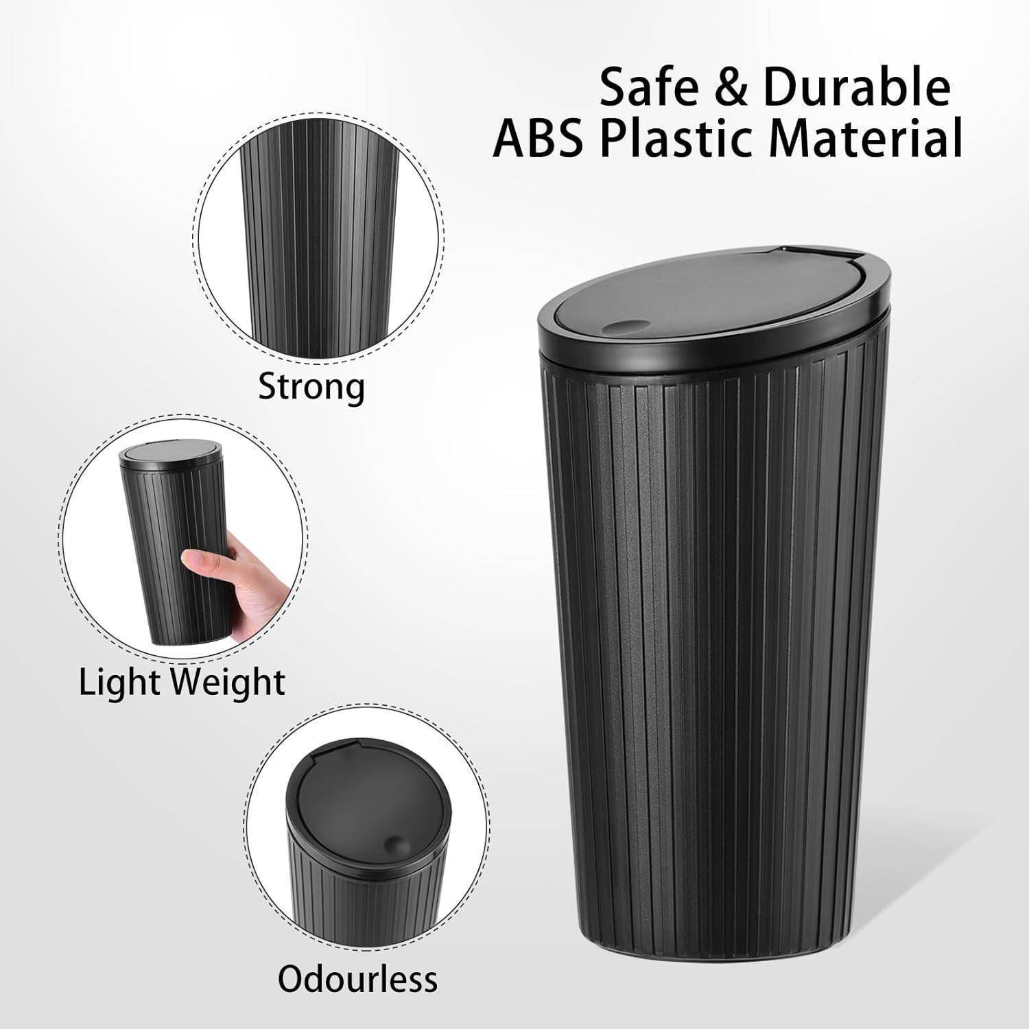 Produktbild einer schwarzen Mülltonne mit Deckel, gekennzeichnet mit „Sicheres und langlebiges ABS-Kunststoffmaterial
