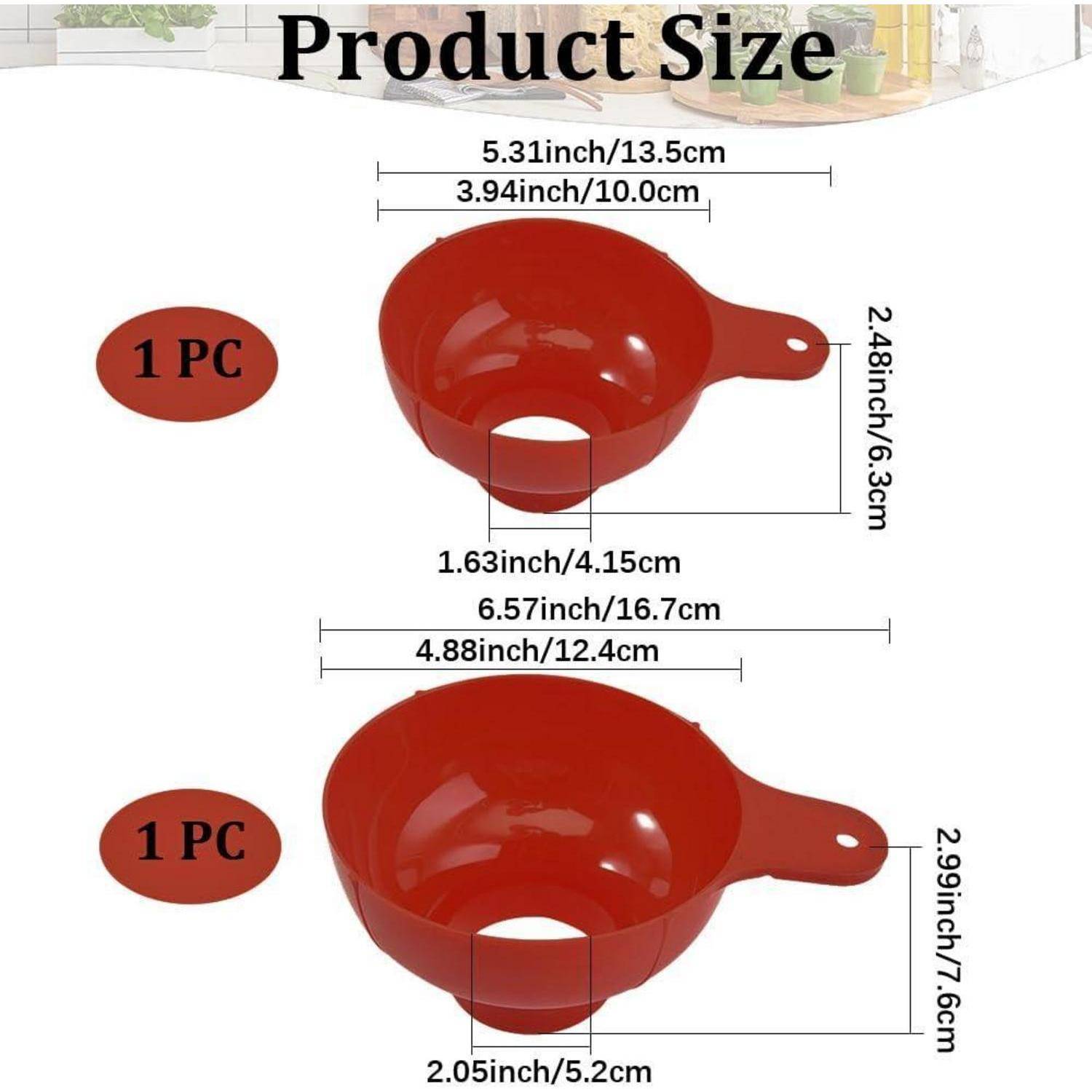 Größentabelle für Produkte mit zwei roten schaufelförmigen Schalen mit der Bezeichnung „1 PC" und Abmessungen in Zoll und Zentimetern.