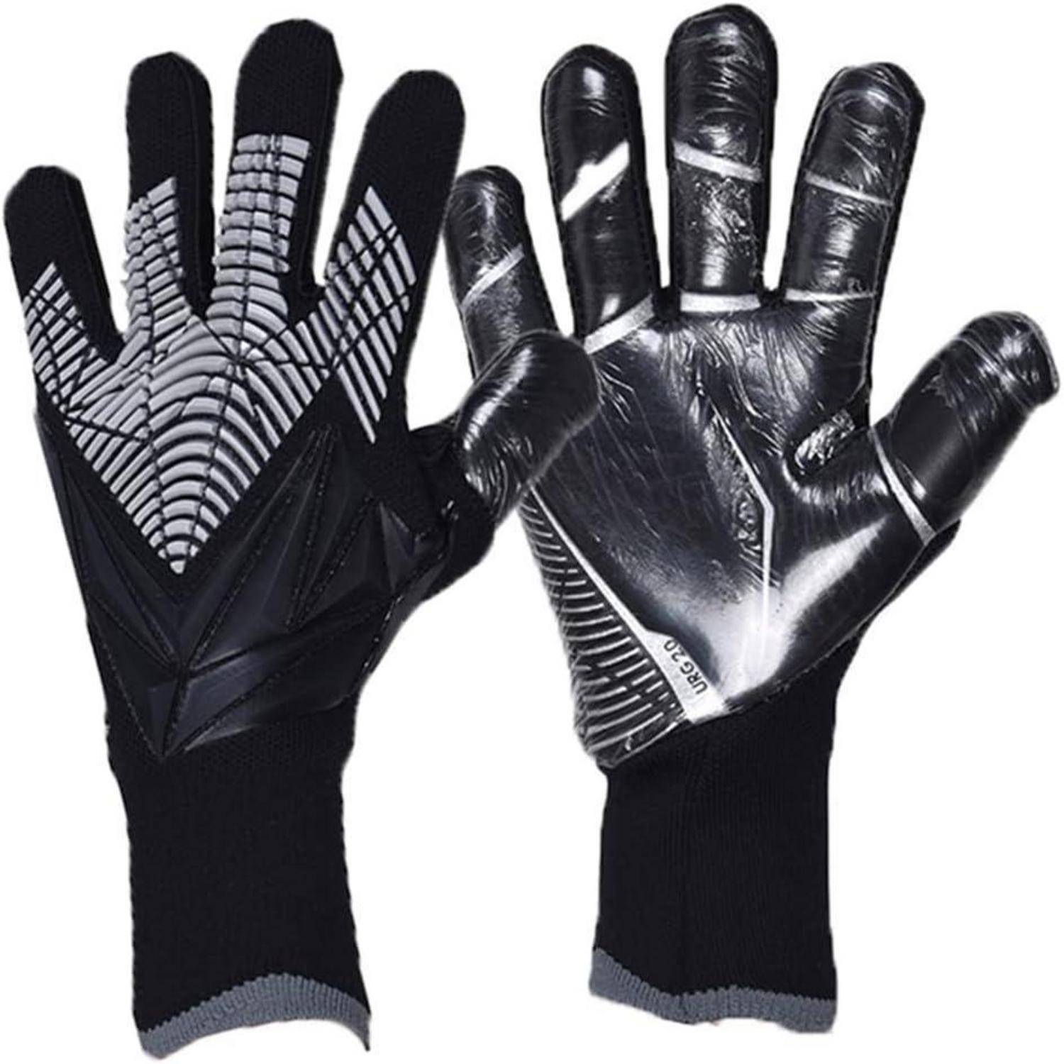 Paar schwarzer Sporthandschuhe von vorne und hinten gezeigt, mit strukturiertem Handflächengriff und langen anliegenden Manschetten auf weißem Hintergrund.