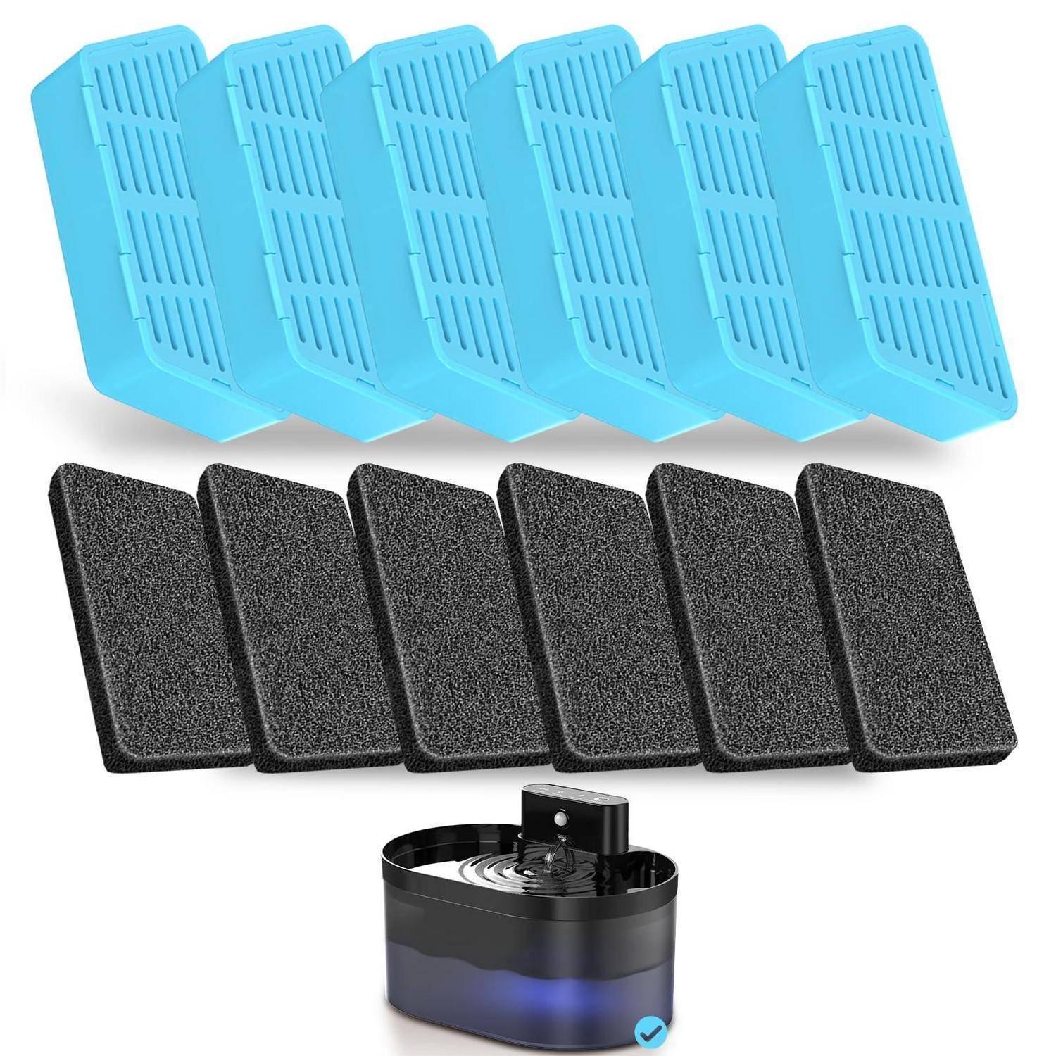 Sechs blaue Kunststoff-Filterkappen, sechs schwarze Schaumstofffilter und ein kleiner Staubsauger, die als kompatible Ersatzteile angezeigt werden.