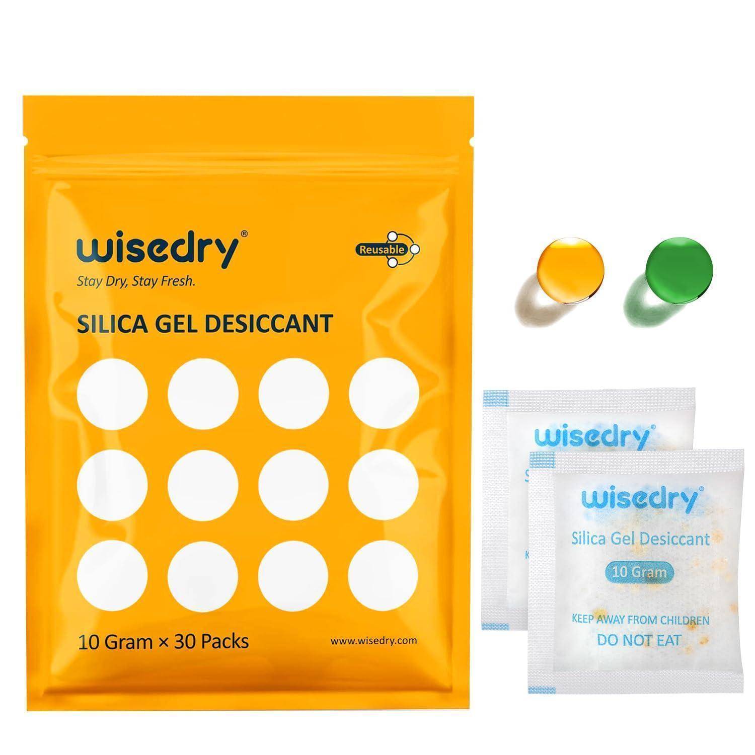 Orange Wisedry Silicagel-Trockenmittelbeutel mit der Beschriftung „10 Gramm x 30 Packungen