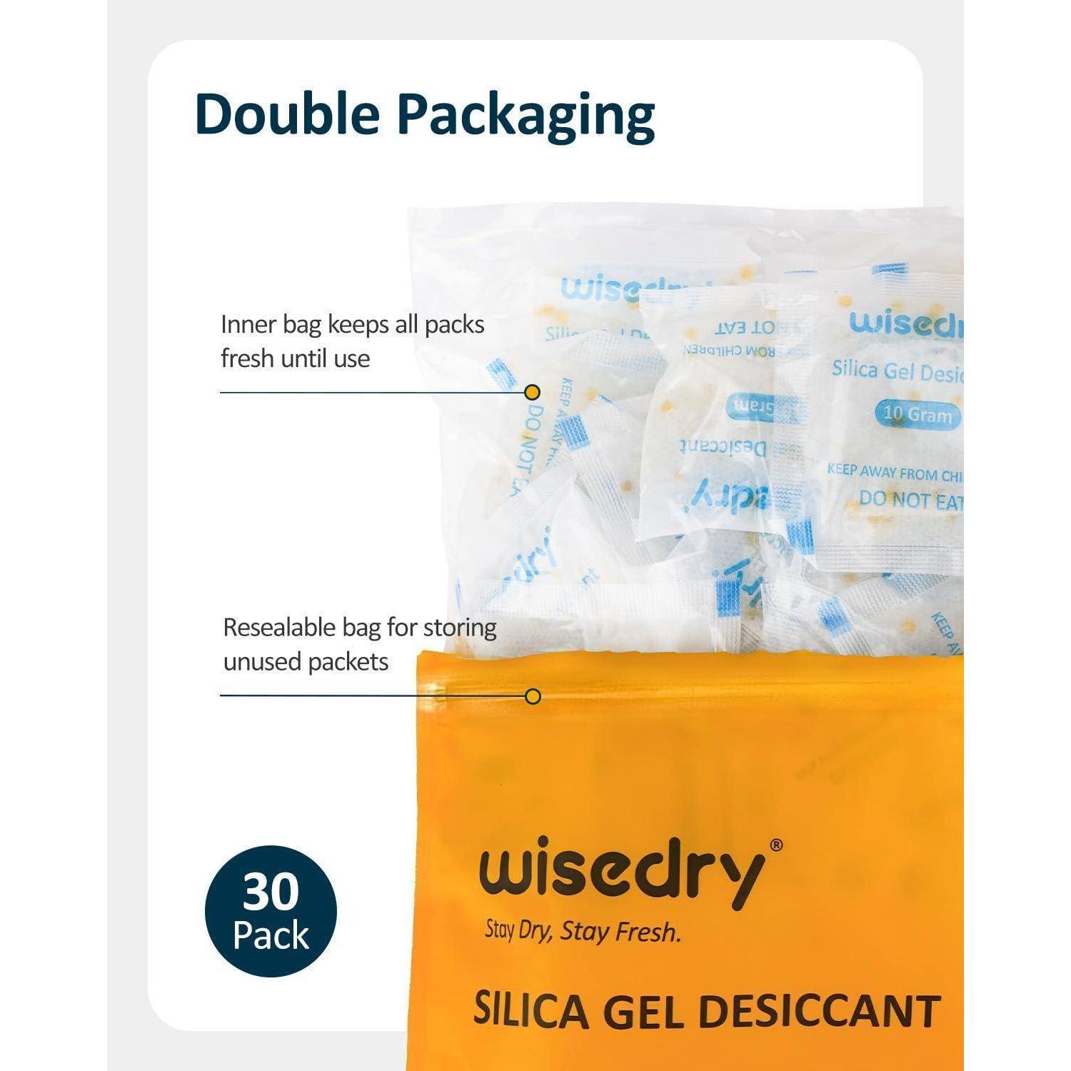 WiseDry Silicagel-Trocknungsmittel 30er-Pack in Doppelverpackung, mit inneren Frischehaltebeuteln und wiederverschließbarem äußerem Lagerbeutel.
