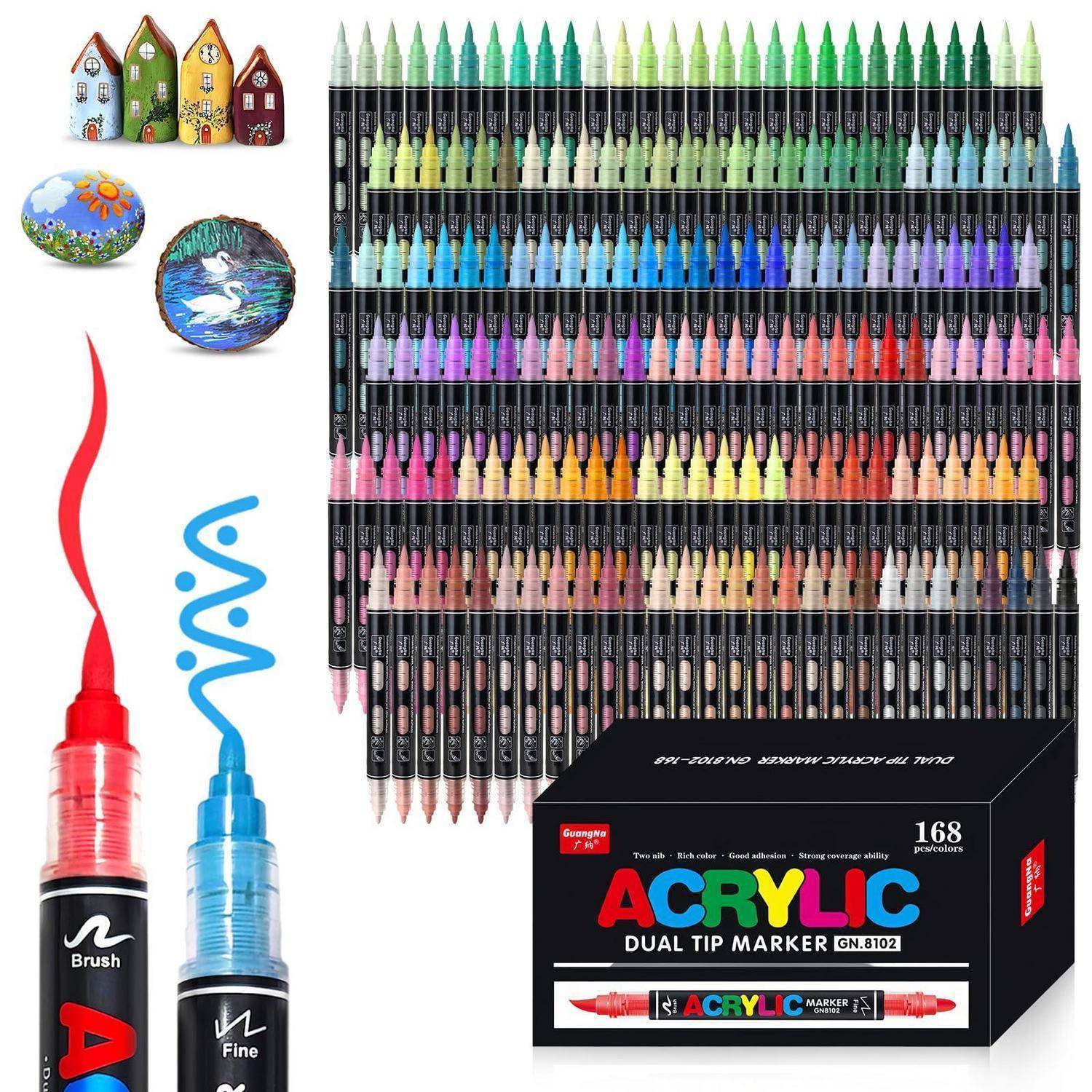 Anzeige von 168 doppelspitzigen Acrylmarkern in vielen Farben, mit zwei Markern, die Pinsel- und Feinspitzen zeigen, sowie bemalten Beispielsteinen und Hausdesigns.