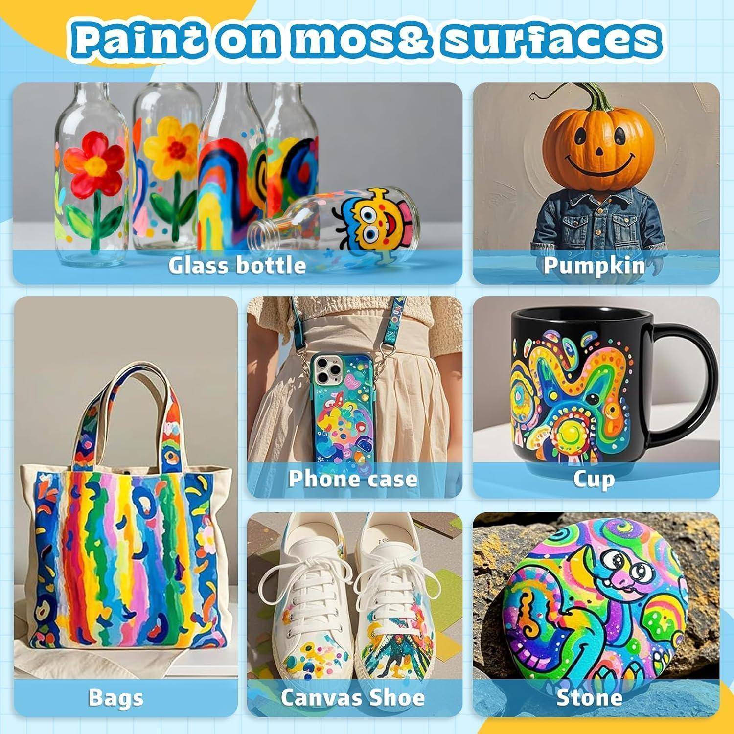 Auf den meisten Oberflächen malen: dekorierte Glasflaschen, Kürbis, Tasche, Handyhülle, Tasse, Leinwandschuhe und Stein.
