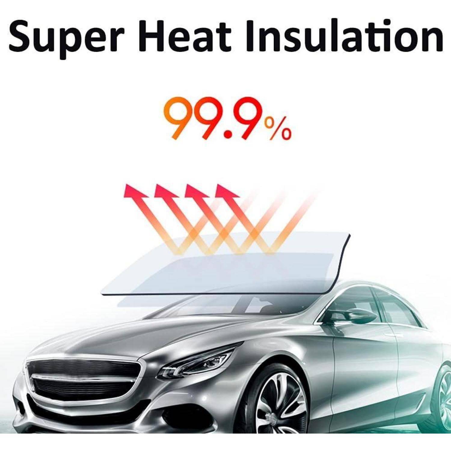 Werbegrafik eines silbernen Autos mit einer reflektierenden Windschutzscheibe, die Hitze blockiert, gekennzeichnet mit „Super Heat Insulation