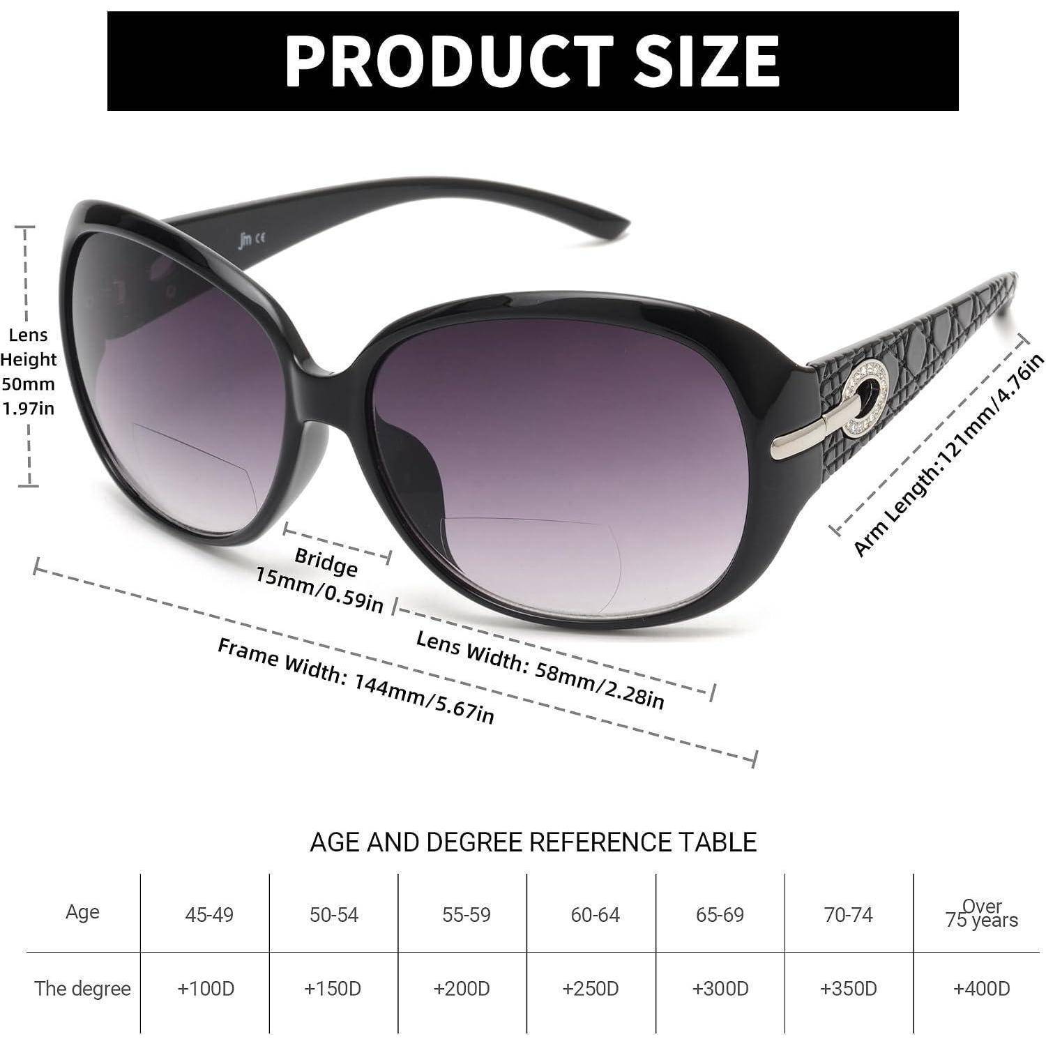 Produktgrößendiagramm für schwarze übergroße Sonnenbrillen mit Maßen: Linsenhöhe 50mm, Rahmenbreite 144mm, Steg 15mm, Linsenbreite 58mm, Armlänge 121mm; enthält Alters- und Stärkentabelle.