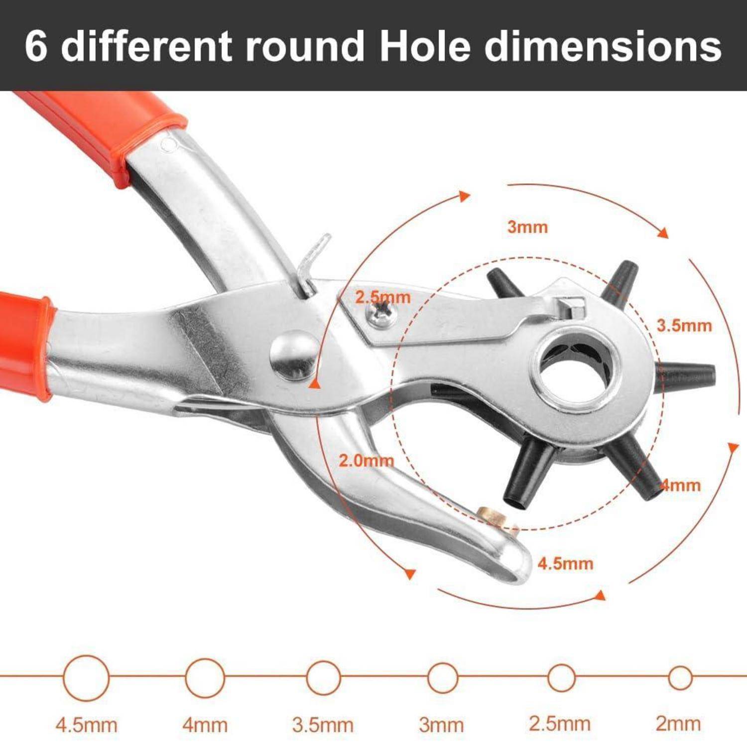 Zange mit sechs runden Lochgrößen, beschriftet von 2 mm bis 4,5 mm, zeigt Stanzer-/Zangengrößen zum Erstellen verschiedener Löcher.