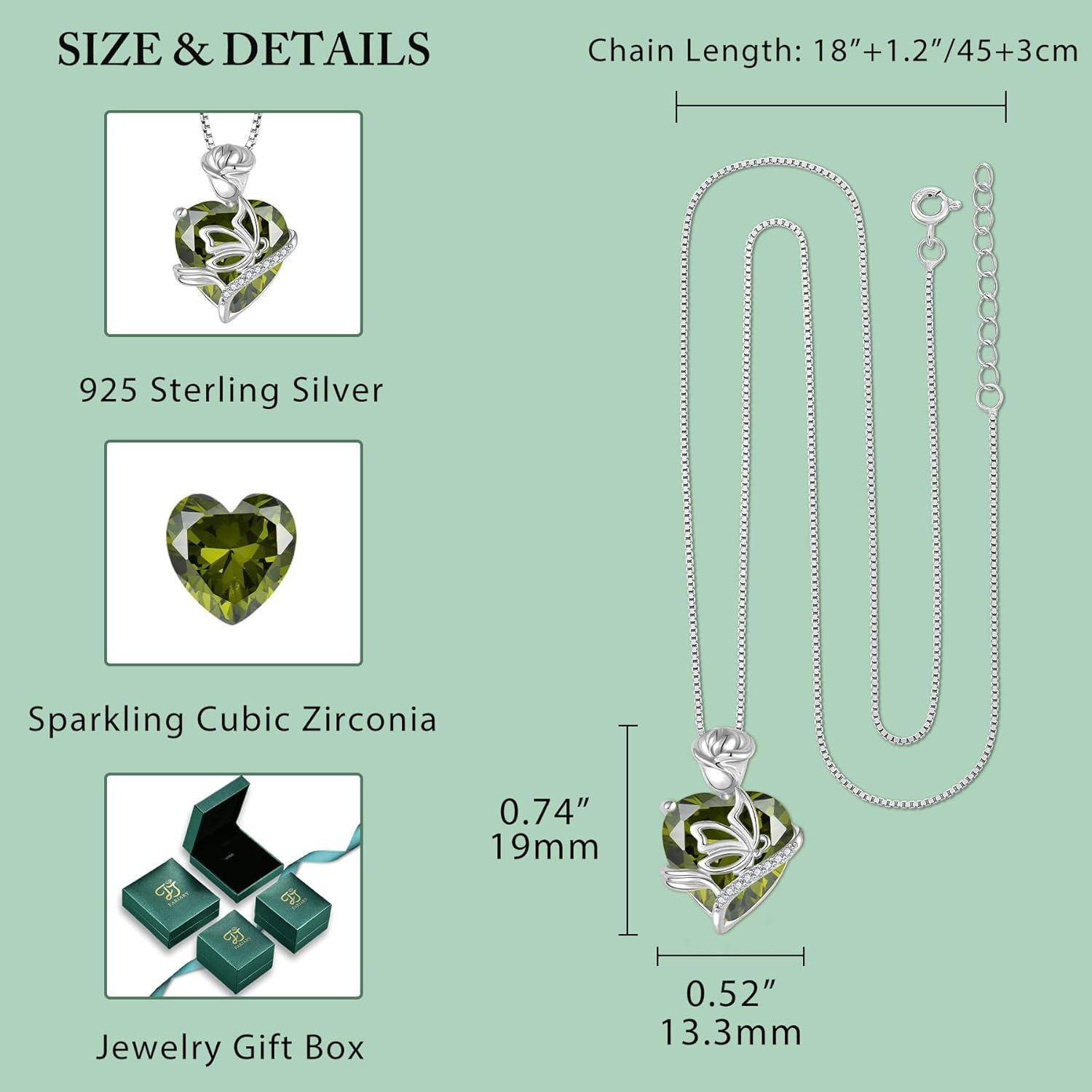 Schmuckgrößendetails-Grafik mit einem Herzanhänger aus 925er Sterlingsilber mit funkelndem Zirkonia, Kettenlänge 18+1,2/45+3 cm, Anhänger 0,74 x 0,52 Zoll, Geschenkbox im Lieferumfang enthalten.